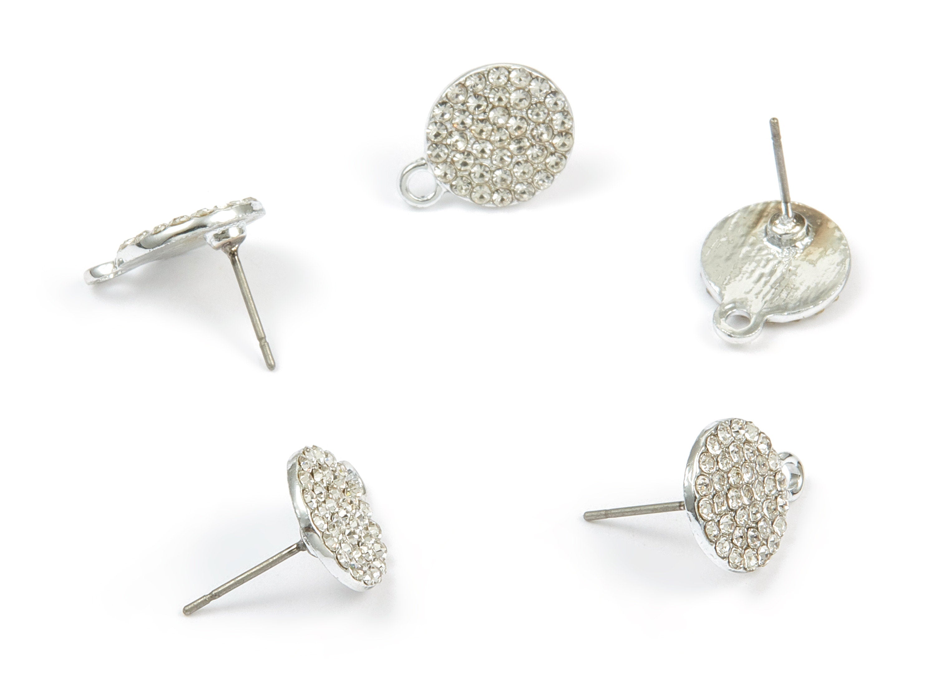Alloy Round Earring Stud - Zinc Alloy Crystal Earring Post with Glass Beads - Silver Tone Plated - 14.87x11.6x1.78mm - ZZ1372 - DOMEDBAZAAR