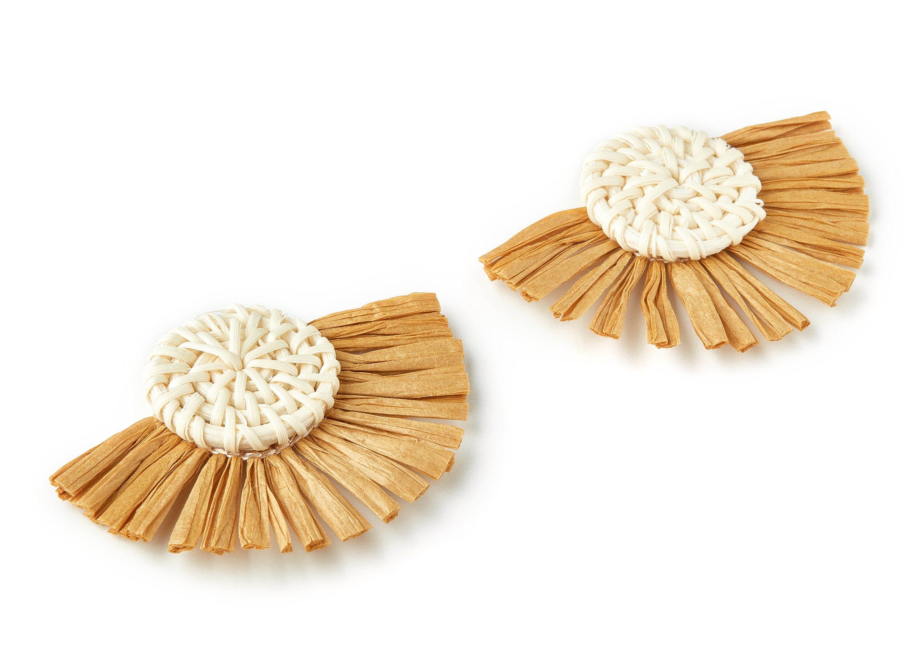 Handwoven Rattan with Raffia Tassels Charms - Round Earrings and Pendant With Fan Tassels - Woven Earrings - 46.2x60x6mm - RT1153 - DOMEDBAZAAR