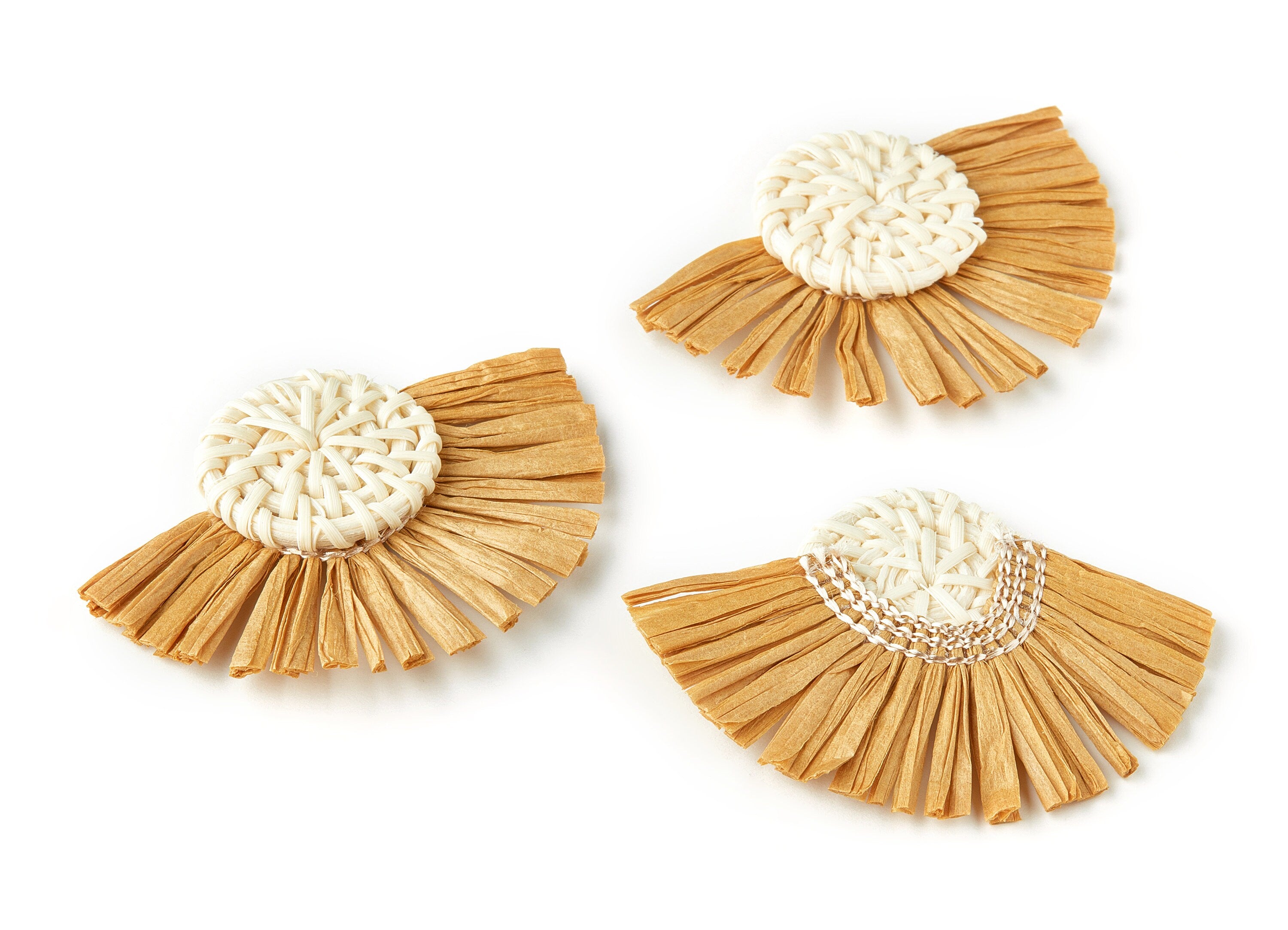 Handwoven Rattan with Raffia Tassels Charms - Round Earrings and Pendant With Fan Tassels - Woven Earrings - 46.2x60x6mm - RT1153 - DOMEDBAZAAR