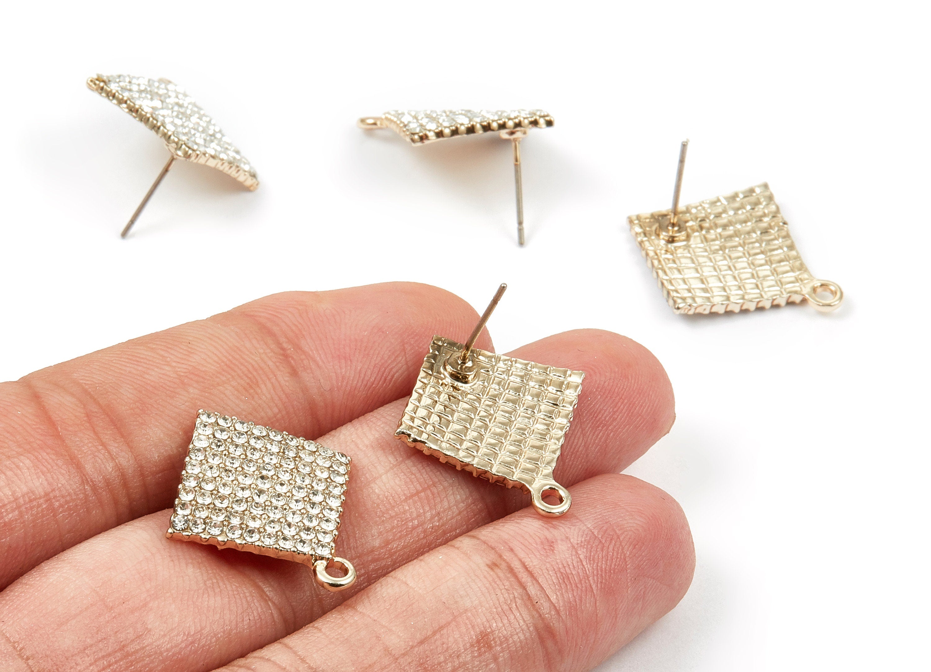 Alloy Square Earring Stud - Zinc Alloy Crystal Square Earring Post with Glass Beads - Gold Tone Plated - 24.55x21.15x1.72mm - ZZ1381 - DOMEDBAZAAR