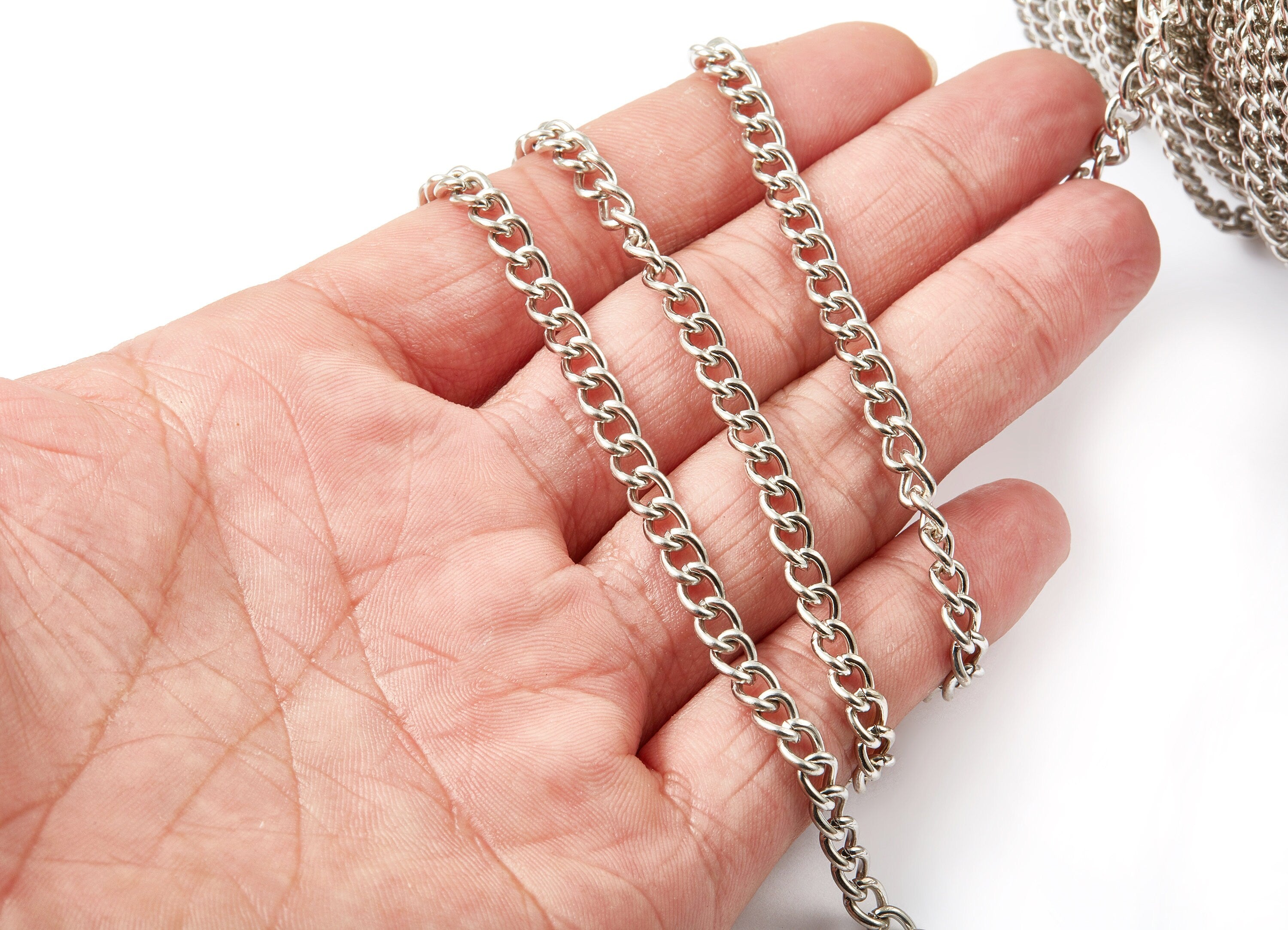 Curb Chain - Iron Military Chain -  Silver Tone Plated - Keychain - Unsoldered Link - for Jewelry Making - 0.26&quot; x 0.19&quot; x 0.04&quot; - CC1119S - DOMEDBAZAAR