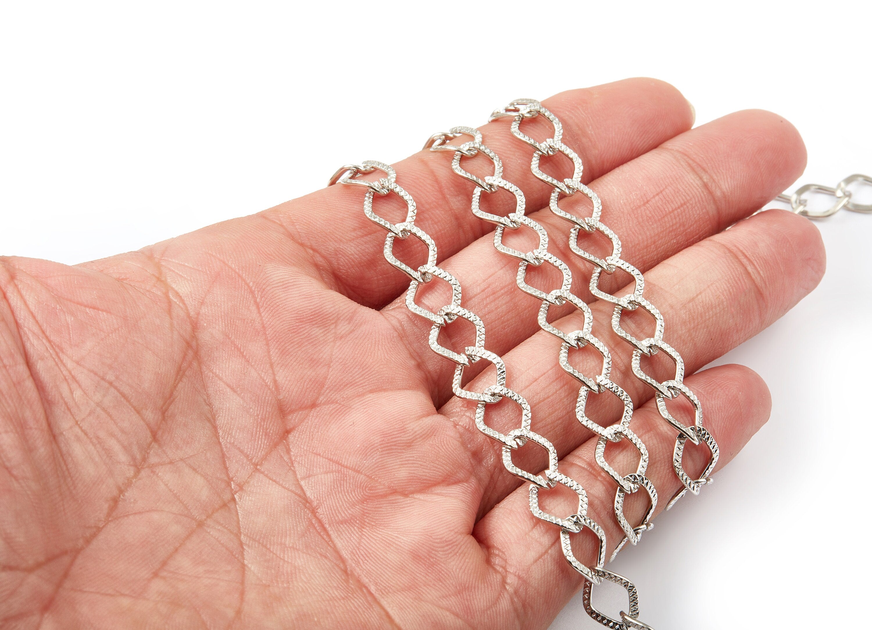 Textured Diamond Cable Chain - Hammered Flat Chain -Silver Tone Plated Iron Chain - Unsoldered - 0.35&quot; x 0.42&quot; x 0.03&quot; - CC1120S - DOMEDBAZAAR