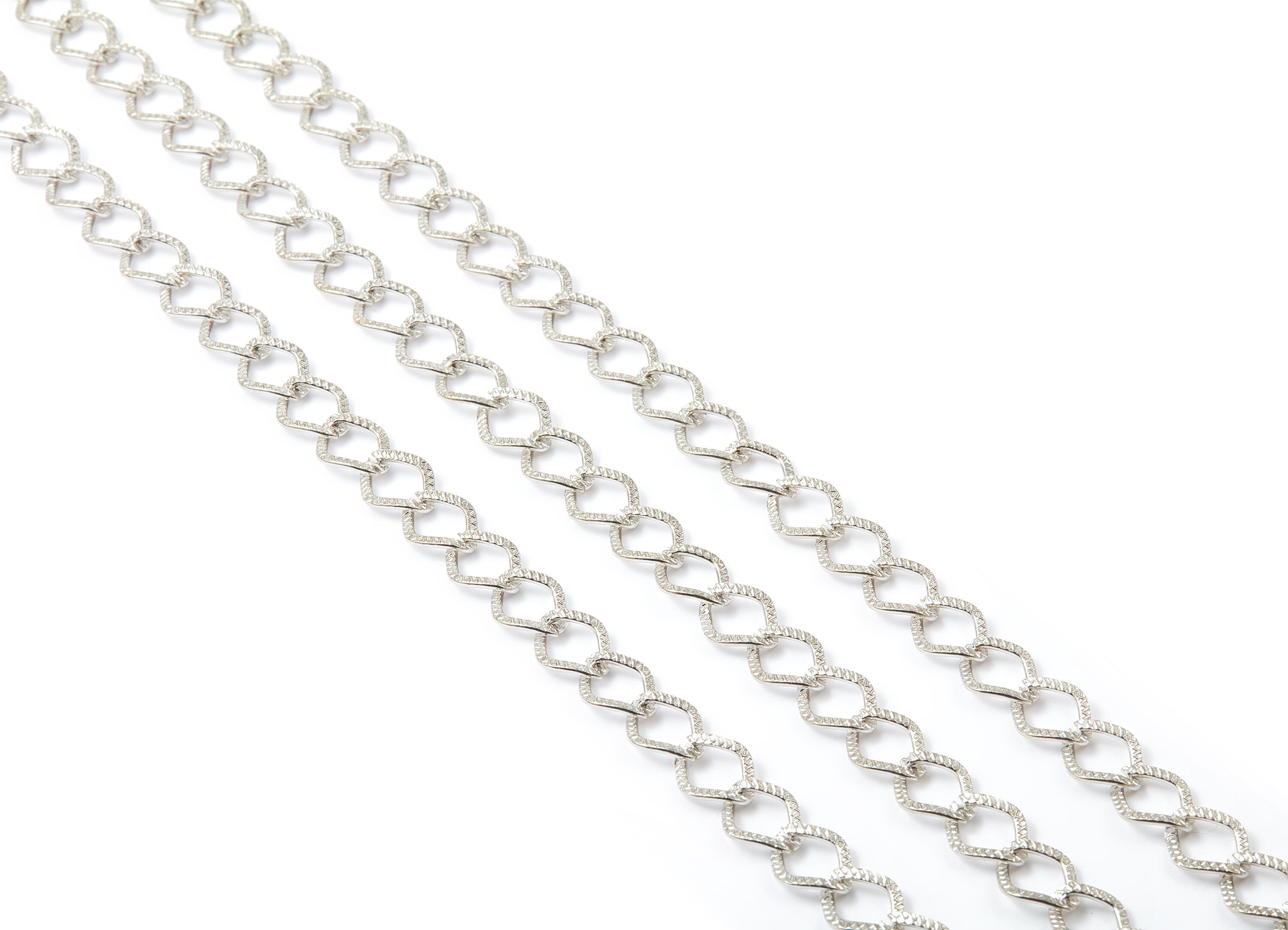 Textured Diamond Cable Chain - Hammered Flat Chain -Silver Tone Plated Iron Chain - Unsoldered - 0.35&quot; x 0.42&quot; x 0.03&quot; - CC1120S - DOMEDBAZAAR