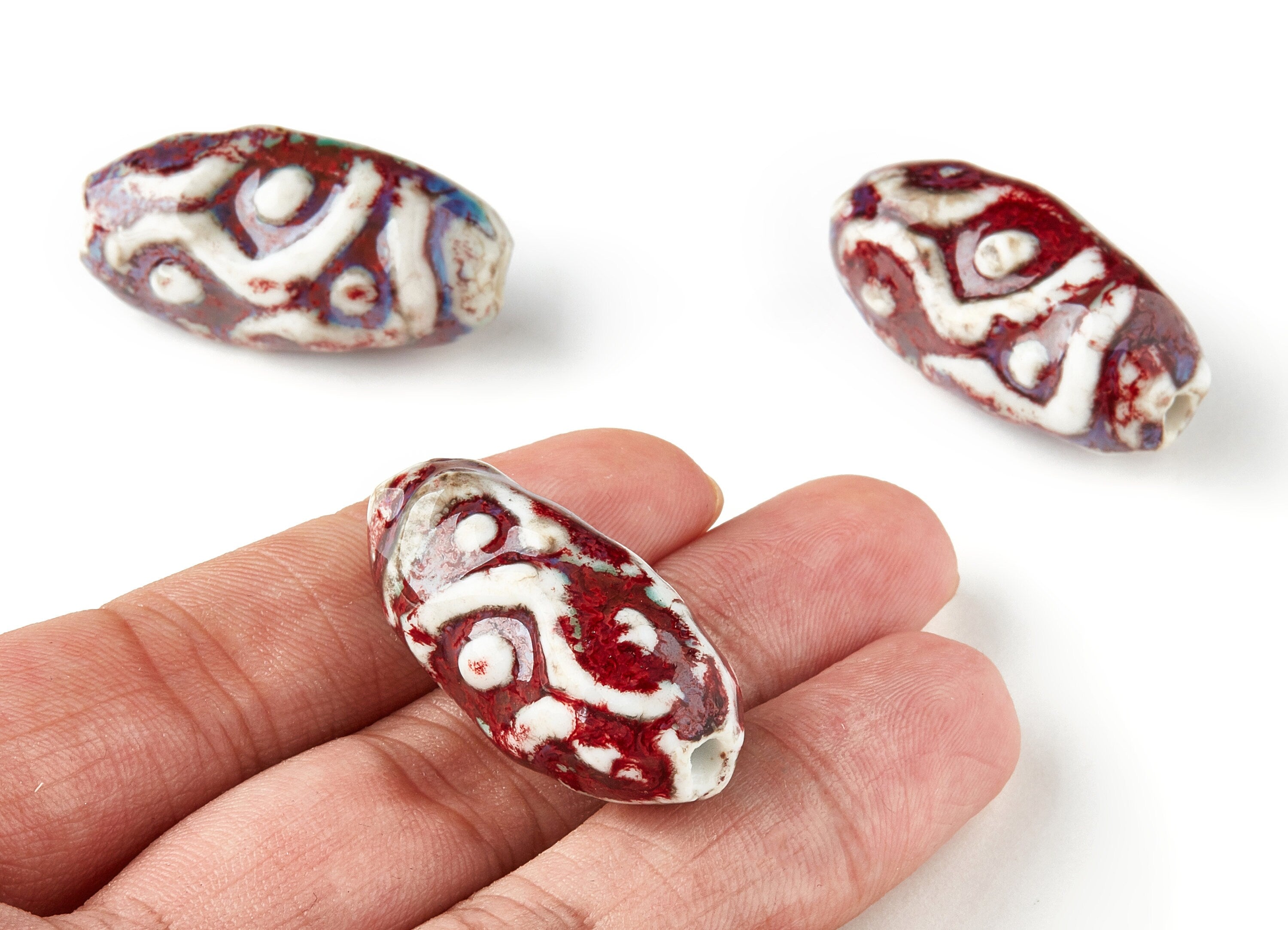 Glazed Ceramic Beads - Carved Beads - Handmade Beads - Necklace Beads - Connectors Beads - Jewelry Supplies - 34.93x17.28mm - NS1025 - DOMEDBAZAAR