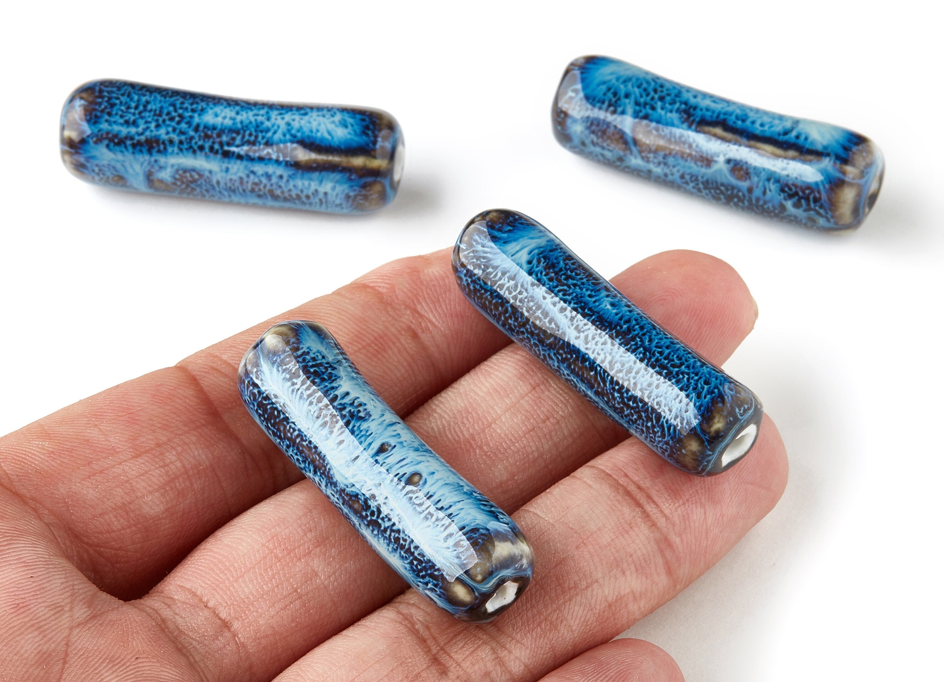 Glazed Ceramic Beads - Carved Beads - Handmade Beads - Necklace Beads - Connectors Beads - Jewelry Supplies - 39.83x12.68mm - NS1026 - DOMEDBAZAAR