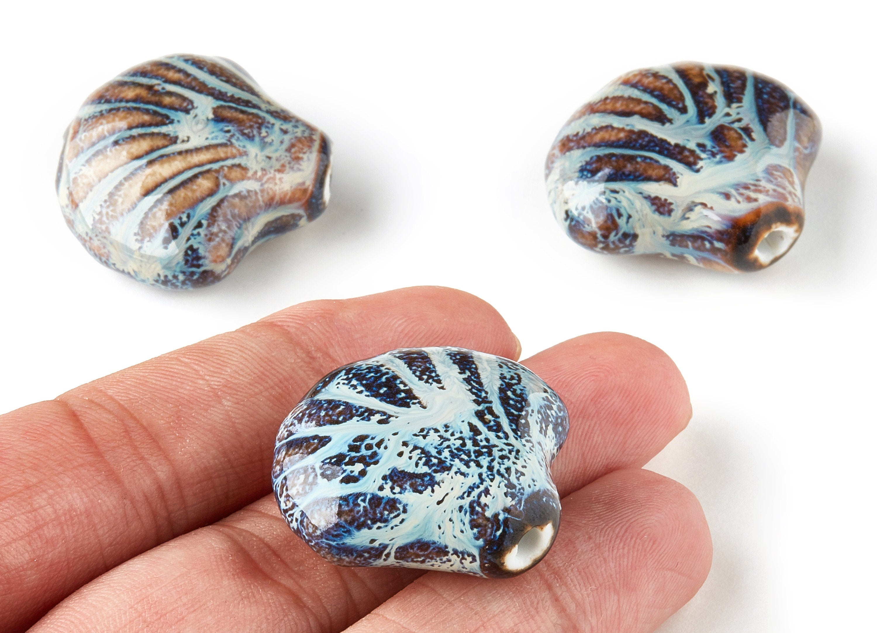 Glazed Ceramic Shell Beads - Carved Beads - Handmade Beads - Necklace Beads - Connectors Beads - 32.43x28.43x13.3mm - NS1035 - DOMEDBAZAAR