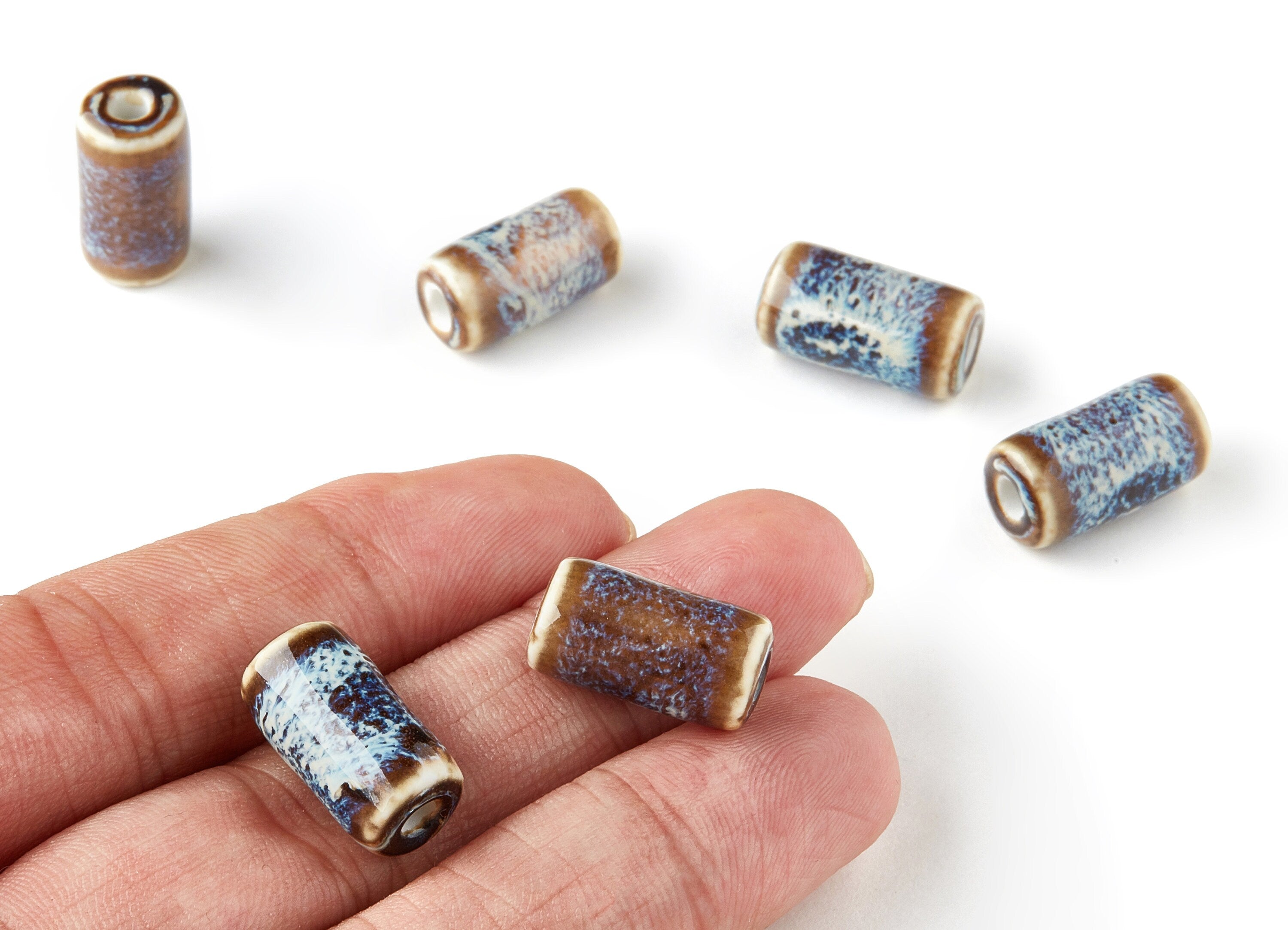 Glazed Ceramic cylinder Beads - Carved Beads - Handmade Beads - Necklace Beads - Connectors Beads - Jewelry Supplies - 17.99x9.38mm - NS1036 - DOMEDBAZAAR
