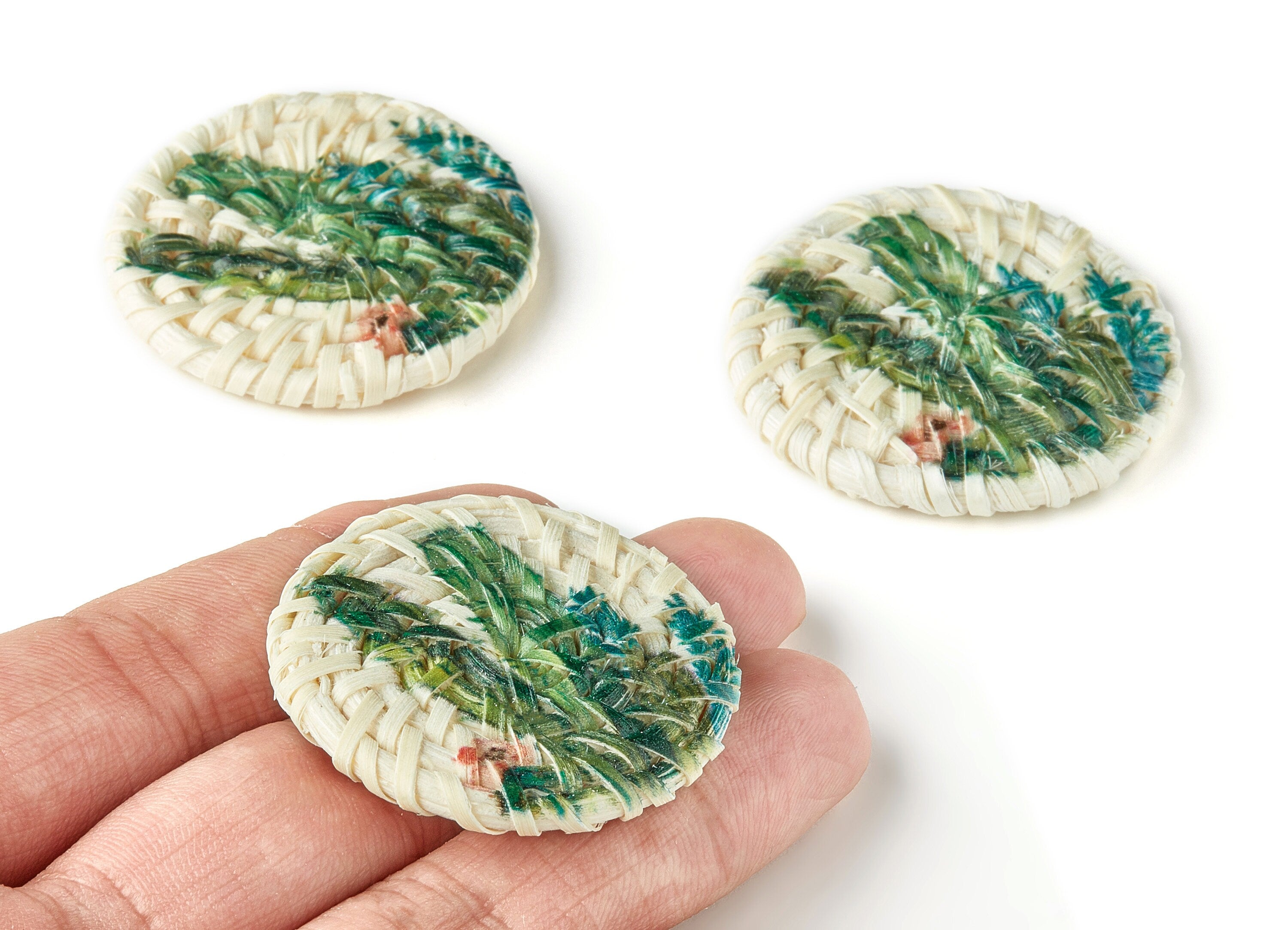 Handwoven Rattan Earring Charm - Round Shaped Rattan Pendant - Wooden Cactus Pattern Earring - Jewelry Handmade - 40.01x40.01x4.4mm - RT1193 - DOMEDBAZAAR