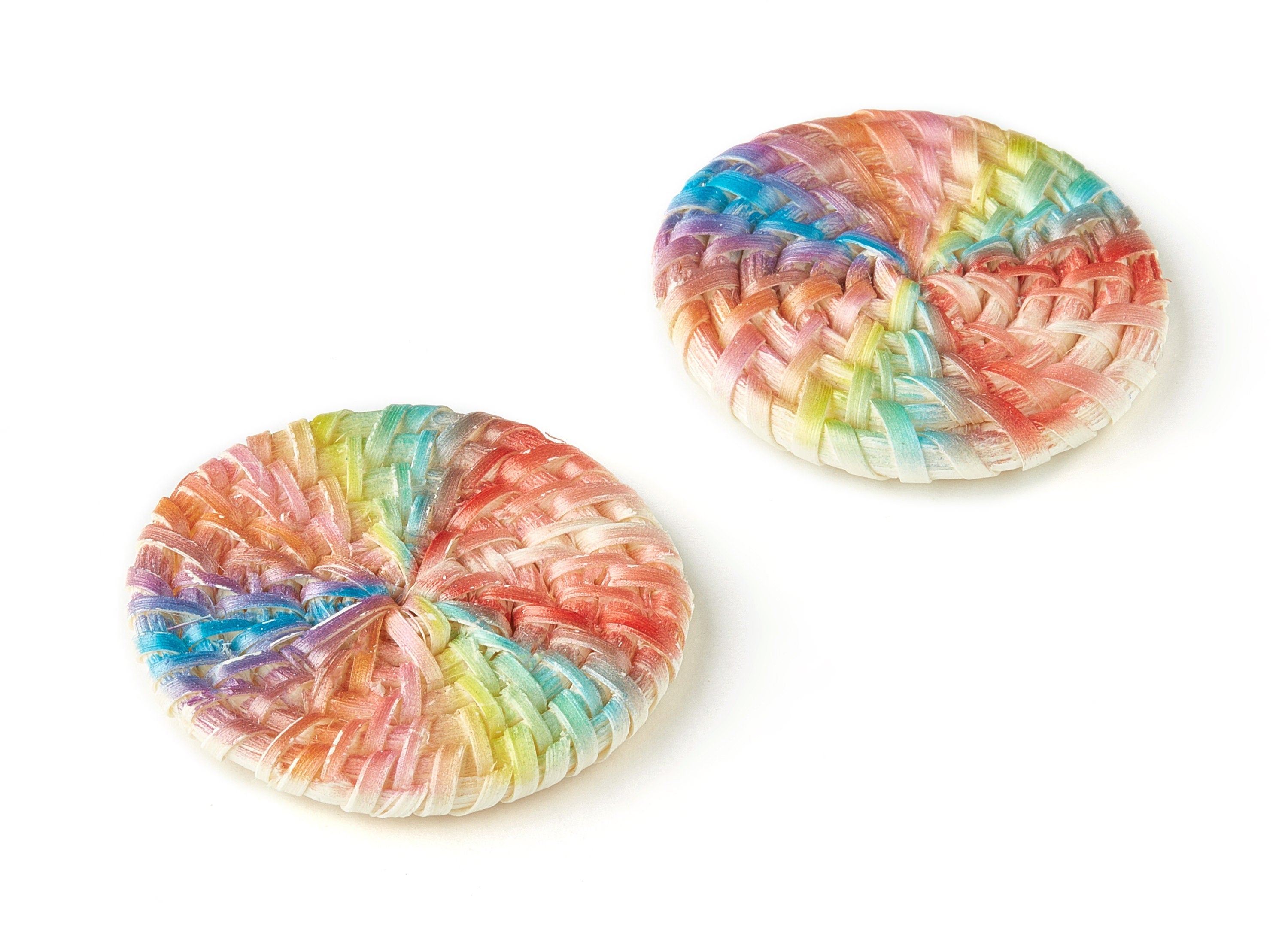 Handwoven Rattan Earrings - Round Shaped Rattan Pendant - Wooden Rainbow Pattern Earring - Jewelry Handmade - 40.01x40.01x4.4mm - RT1196 - DOMEDBAZAAR
