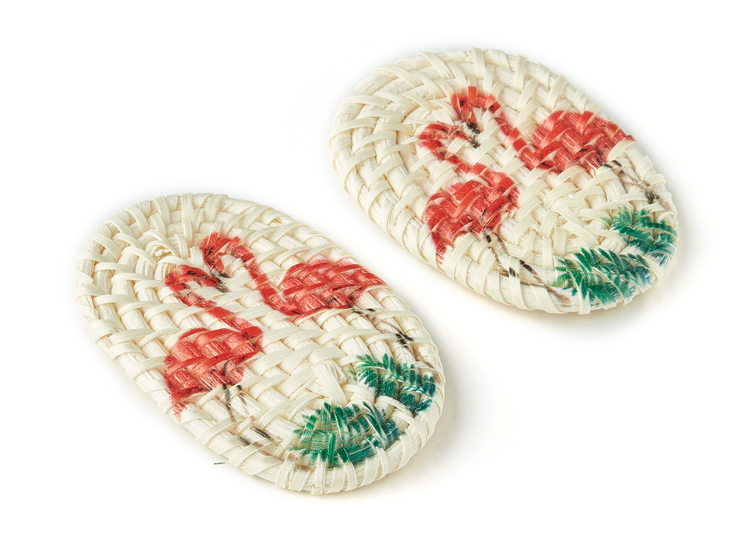 Handwoven Rattan Earrings - Oval Shaped Rattan Pendant - Wooden Flamingo Pattern Earrings - Jewelry Handmade - 61.03x38.46x4.23mm - RT1185 - DOMEDBAZAAR