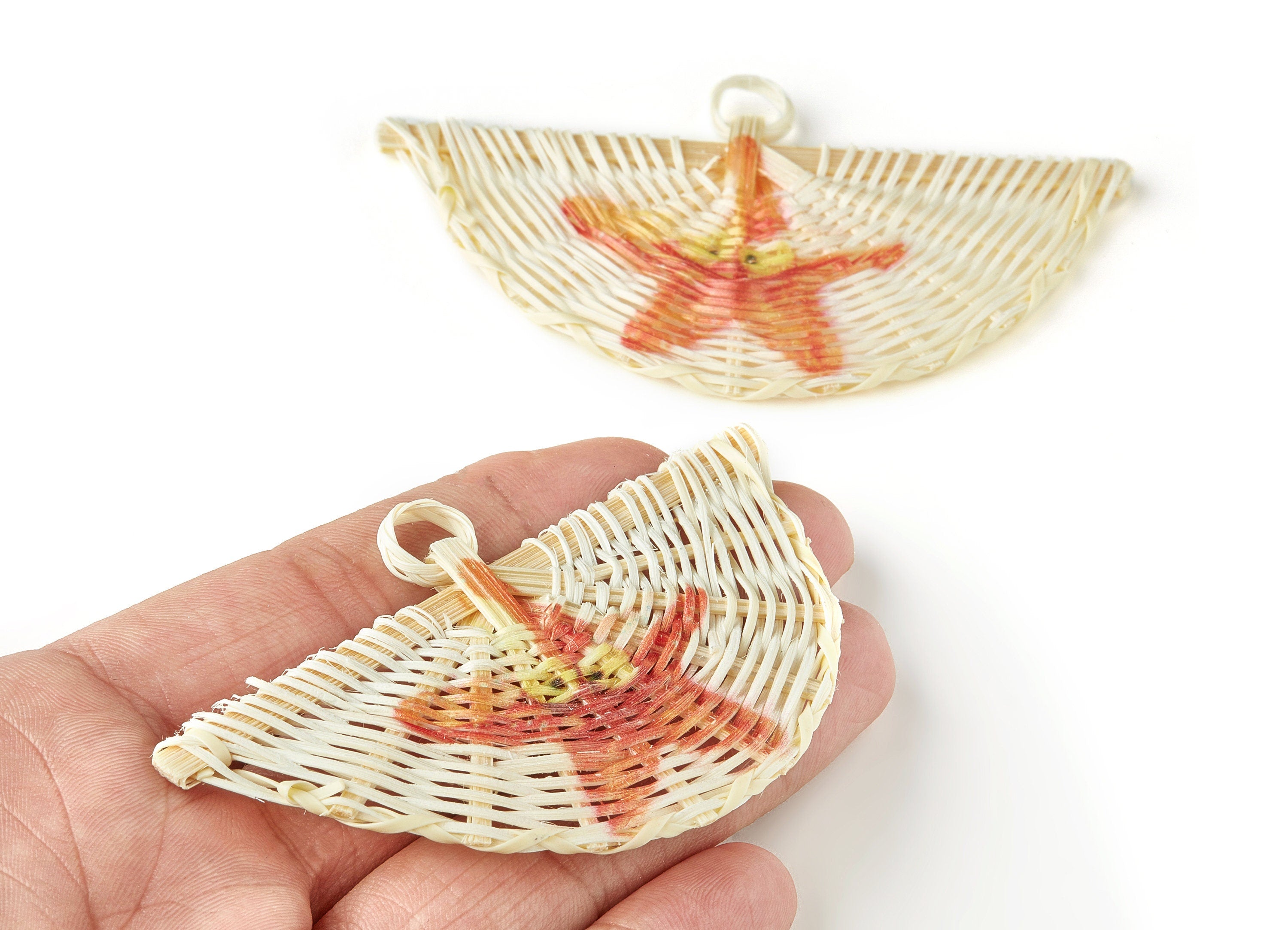 Handwoven Rattan Earrings - Fan Shaped Rattan Pendant - Wooden Starfish Pattern Earrings - Jewelry Handmade - 75.55x41x1.71mm - RT1183 - DOMEDBAZAAR