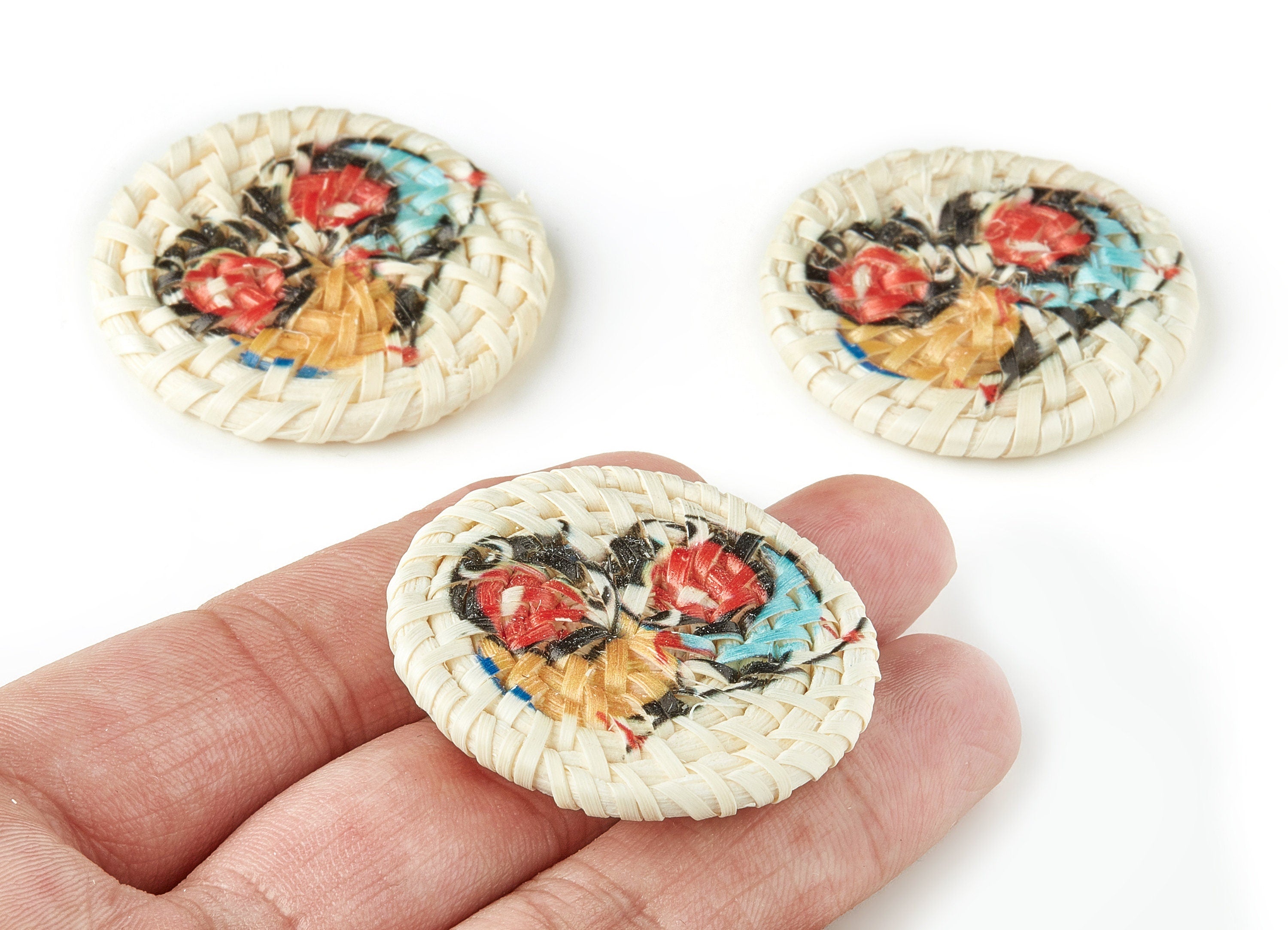 Handwoven Rattan Earring Charms - Round Shaped Rattan Pendant - Wooden Bird Pattern Earring - Jewelry Handmade - 40.01x40.01x4.4mm - RT1195 - DOMEDBAZAAR