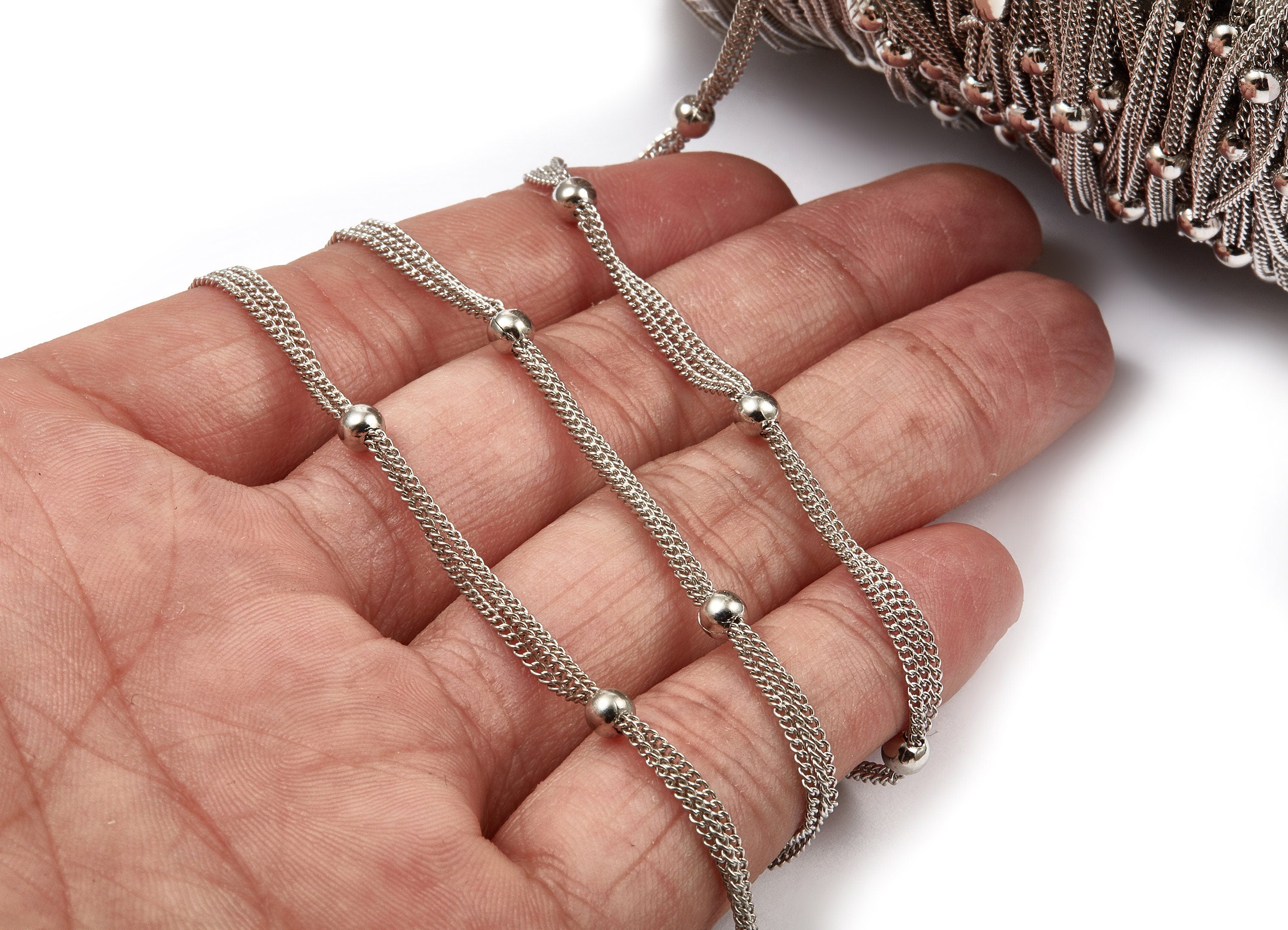 Ball Satellite Triple Curb Chain - Silver Tone Plated Iron Chain- Soldered - 0.08&quot; x 0.05&quot; x 0.16&quot; - for Necklace Jewellery Making - CC1110S - DOMEDBAZAAR