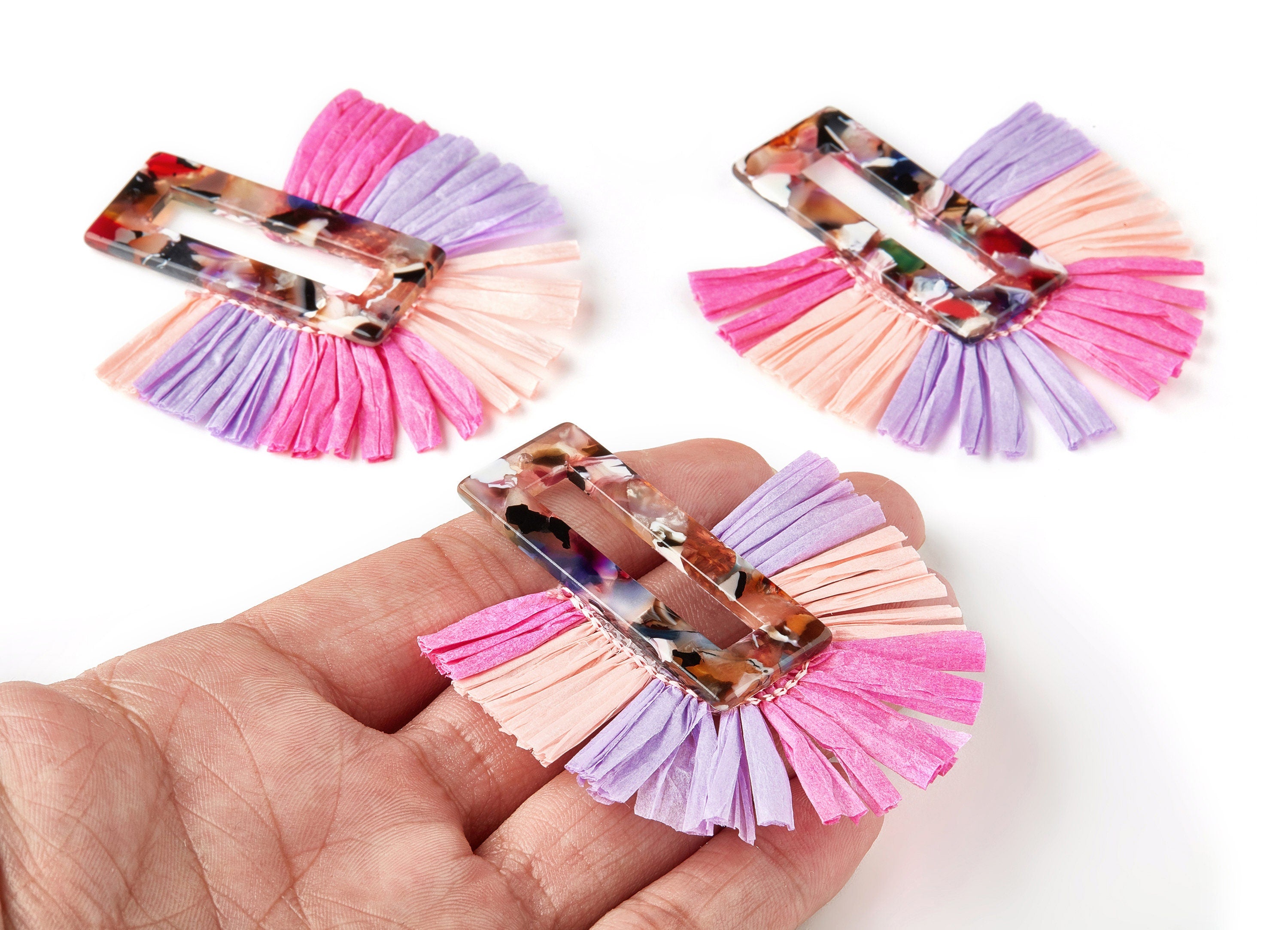 Acetate Acrylic Earring Charm with Single Layer Raffia - Tassels Fan - Jewelry Supplies - Color Code: A61 - 70x62x4mm - AC1628-A61 - DOMEDBAZAAR