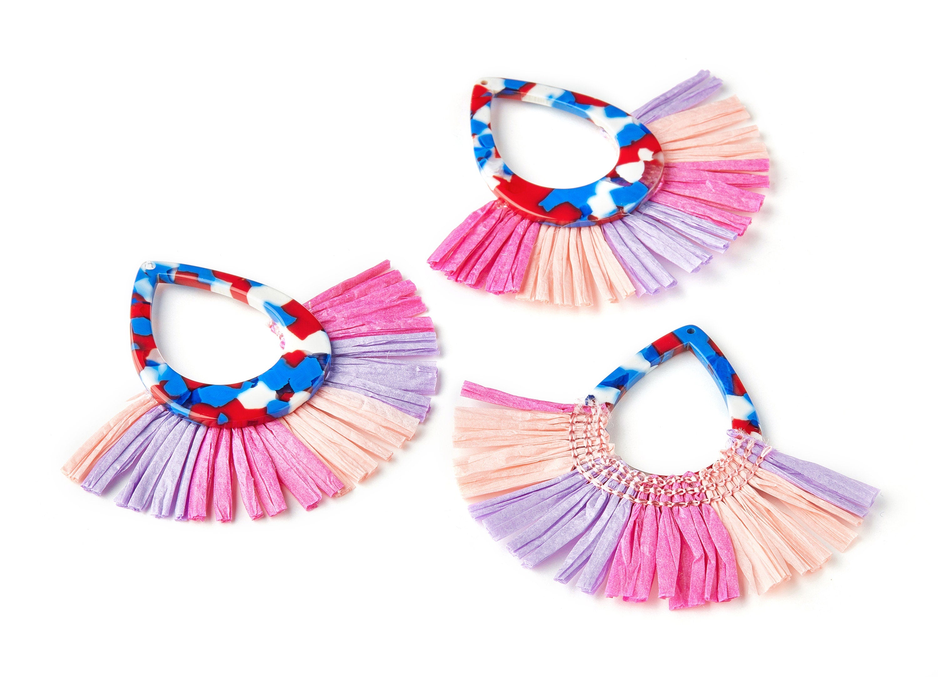 Acetate Acrylic Earring Charm with Single Layer Raffia - Tortoise Shell Earring - Tassels Fan - Color Code: A73 - 75x65x4mm - AC1625-A73 - DOMEDBAZAAR