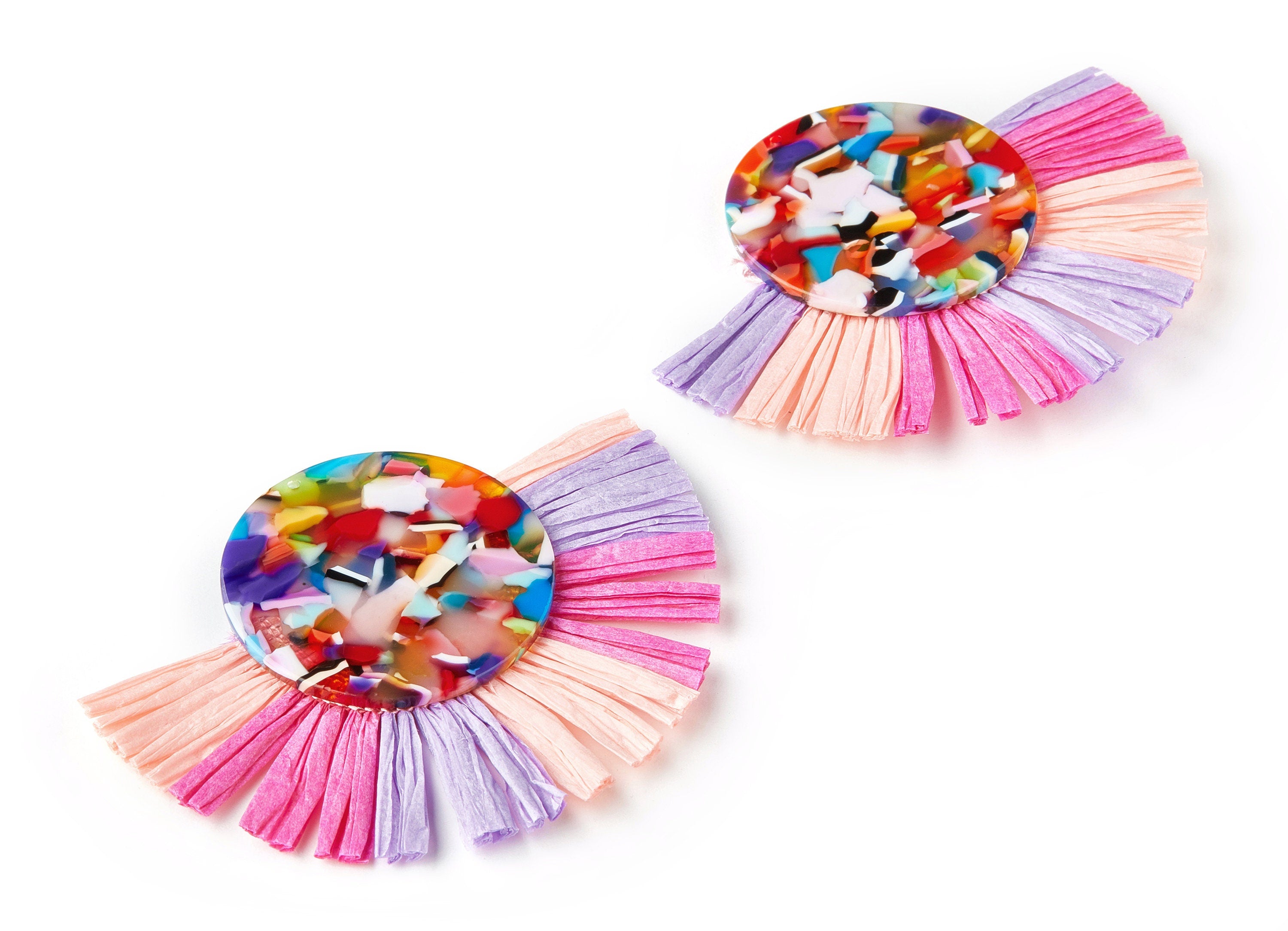 Acetate Acrylic Earring Charm with Single Layer Raffia - Tortoise Shell Earring - Tassels Fan - Color Code: A21 - 75x58x4mm - AC1671-A21 - DOMEDBAZAAR