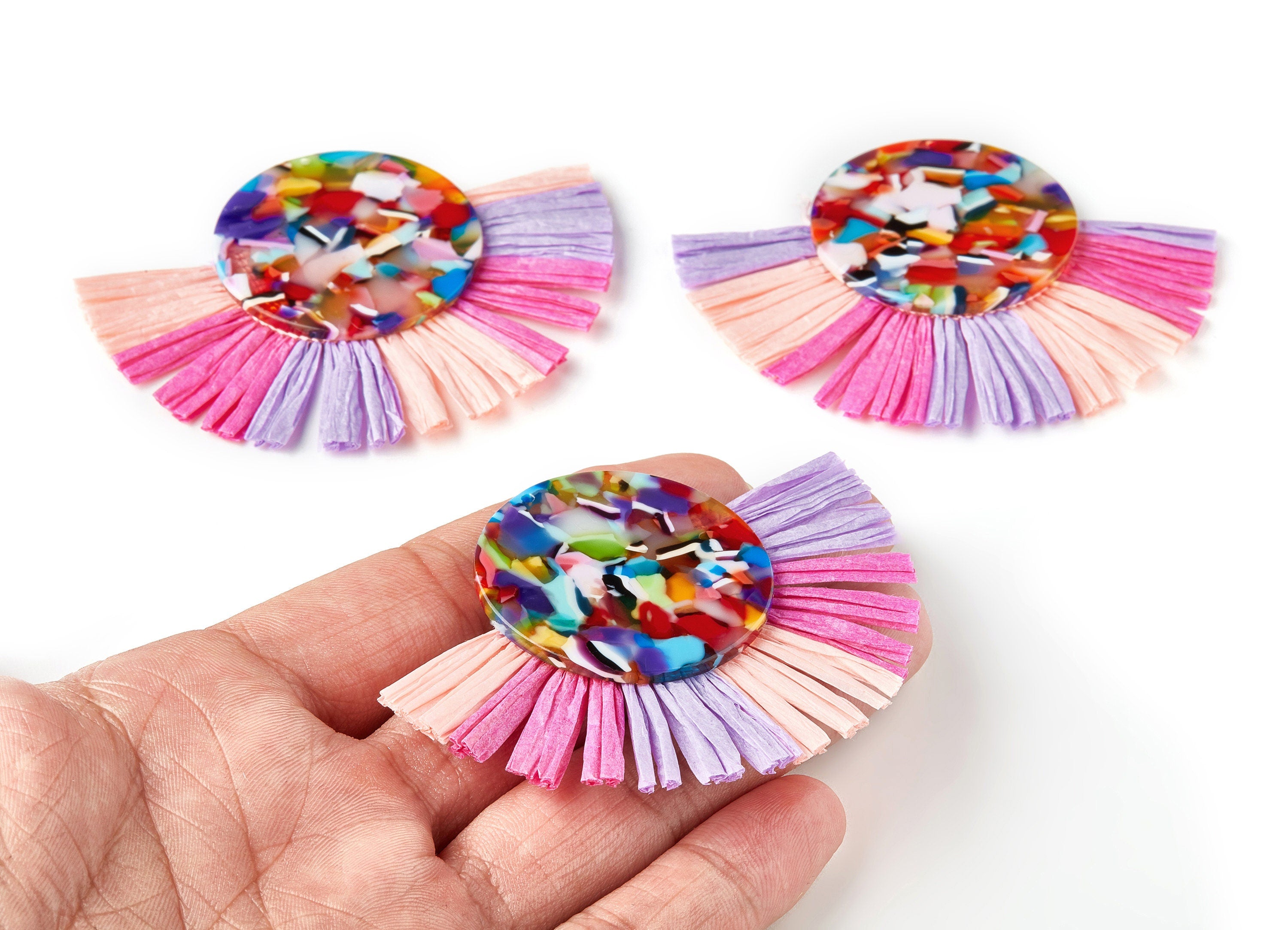 Acetate Acrylic Earring Charm with Single Layer Raffia - Tortoise Shell Earring - Tassels Fan - Color Code: A21 - 75x58x4mm - AC1671-A21 - DOMEDBAZAAR