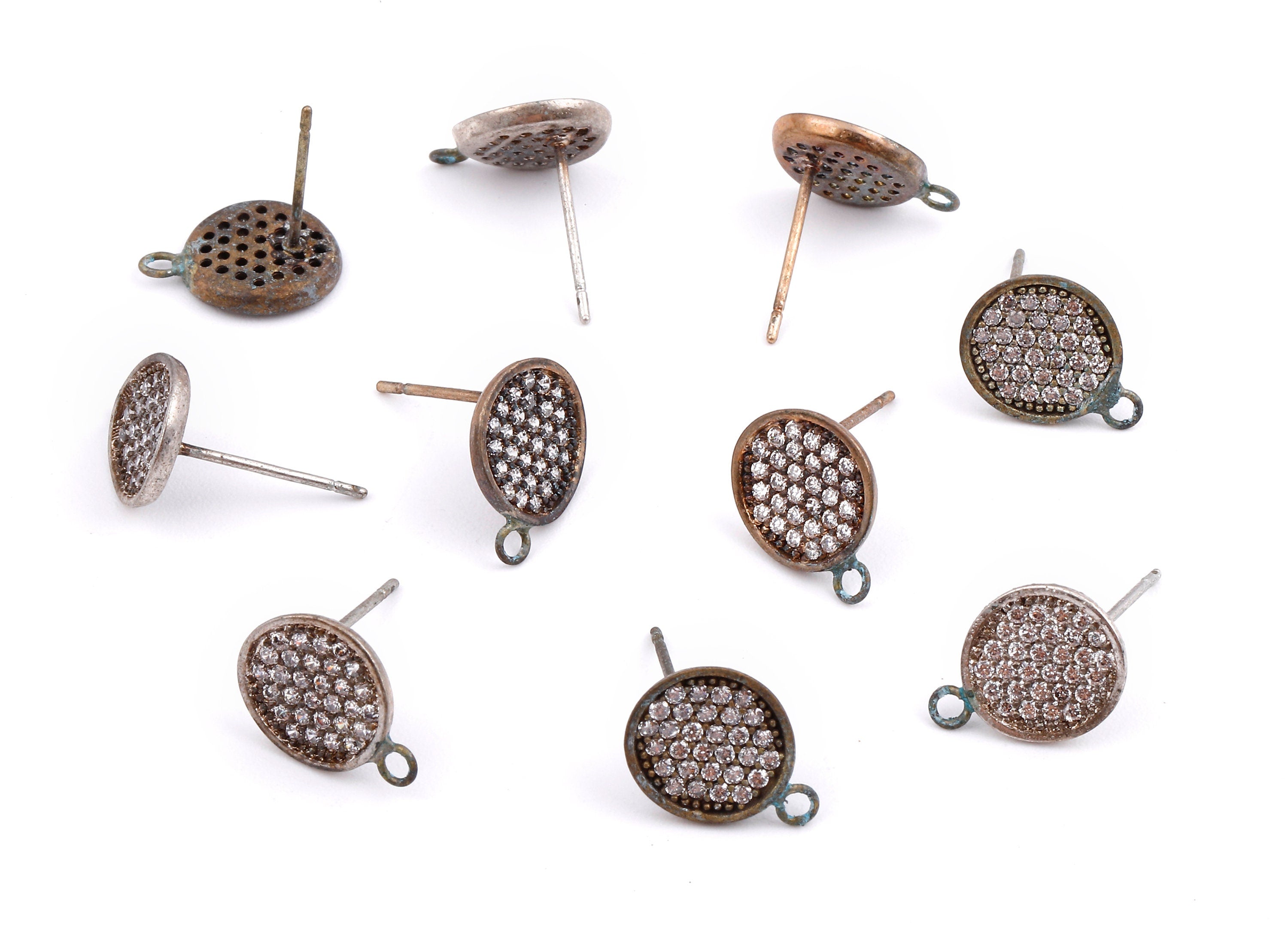 Brass Round Earring Stud - Zirconia Earrings Post - Jewelry Supplies - 12.49x9.49x1.43mm - PP2800 - DOMEDBAZAAR
