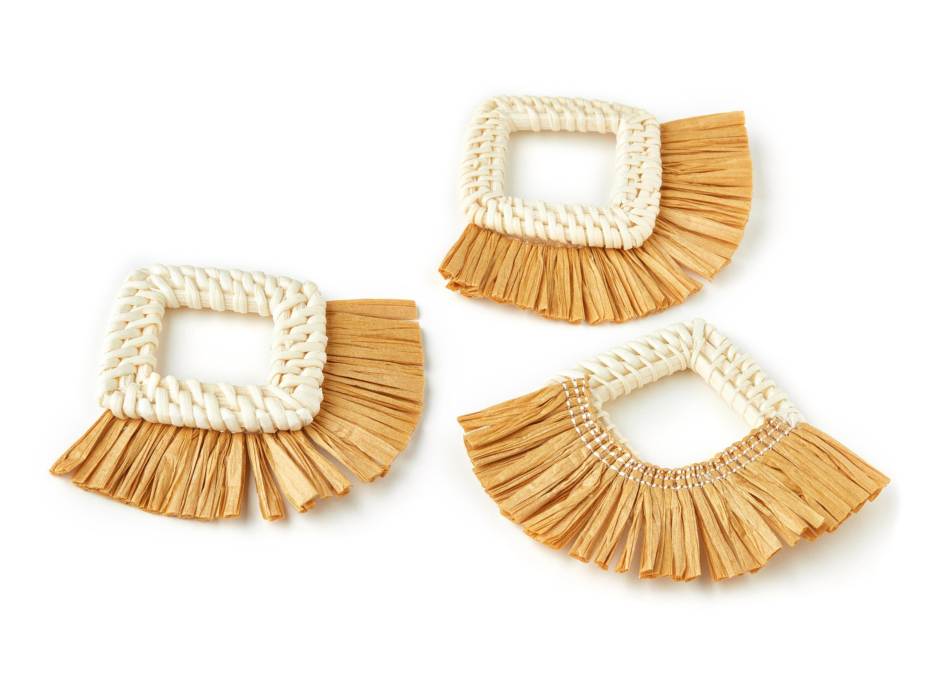 Handwoven Rattan with Raffia Tassels Charms - Square Earrings and Pendant With Fan Tassels - Woven Earrings - 88.47x68.78x6.17mm - RT1202 - DOMEDBAZAAR