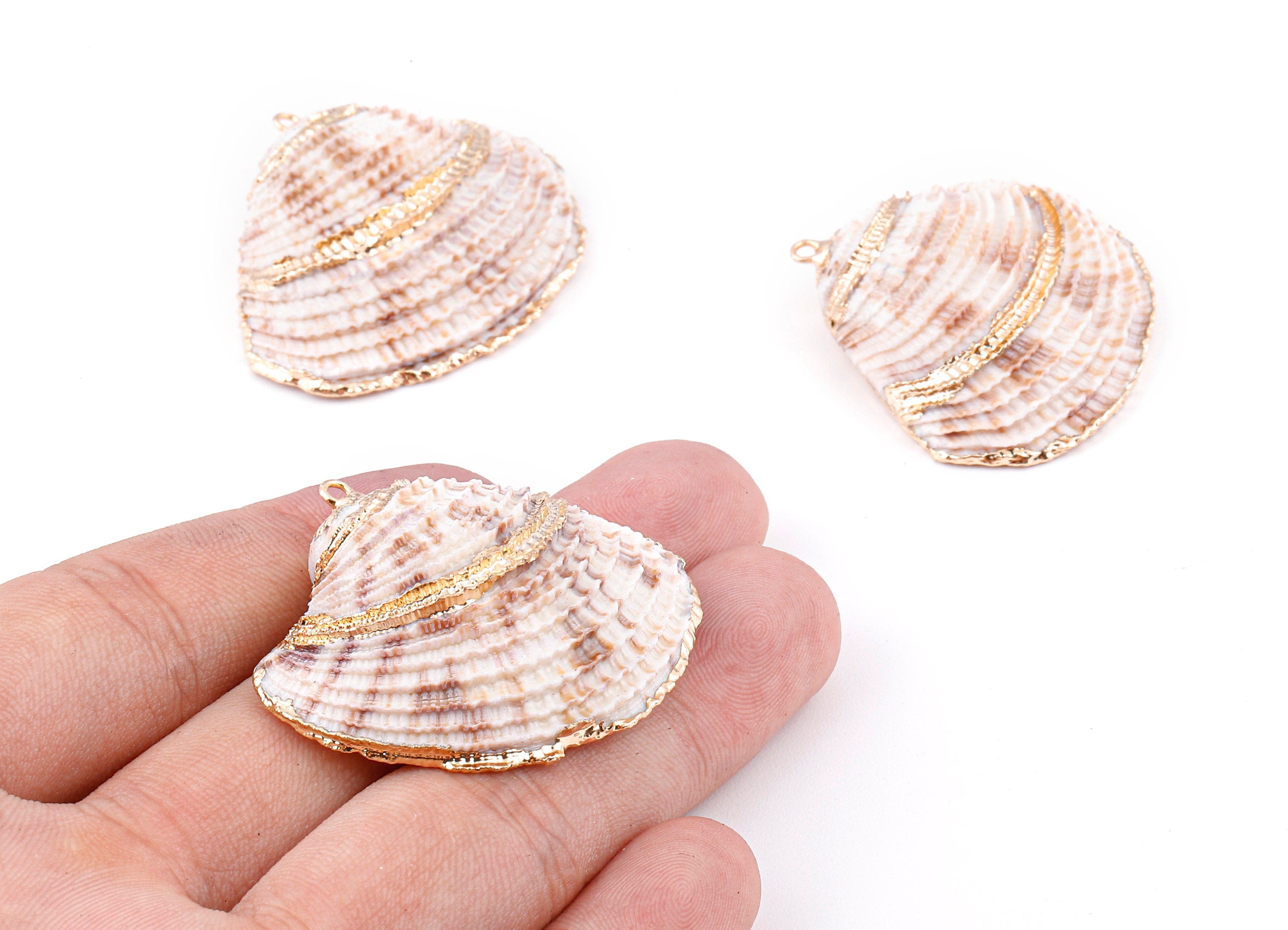 Mussel Shell Charms - Seashell Earrings and Pendant - Gold Tone Plated Earrings - 1 Hole - 44.19x37.33x2.91mm - SF1125 - DOMEDBAZAAR