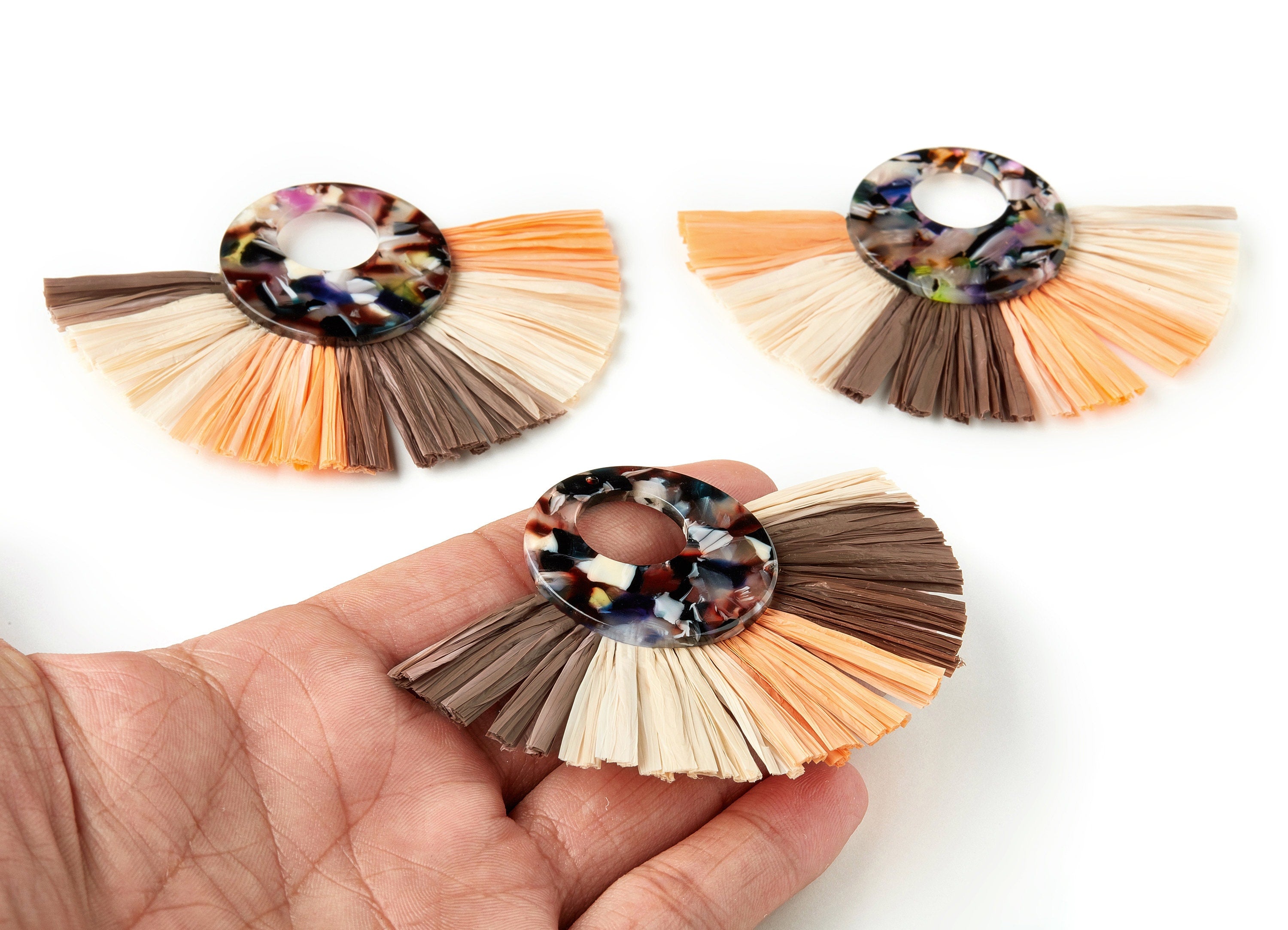 Acetate Circle Charms with Raffia Tassels - Tassels Fan Single Layer Raffia - Color Code: A11 - 86.24x59.21x3.78mm - AC1640-A11 - DOMEDBAZAAR