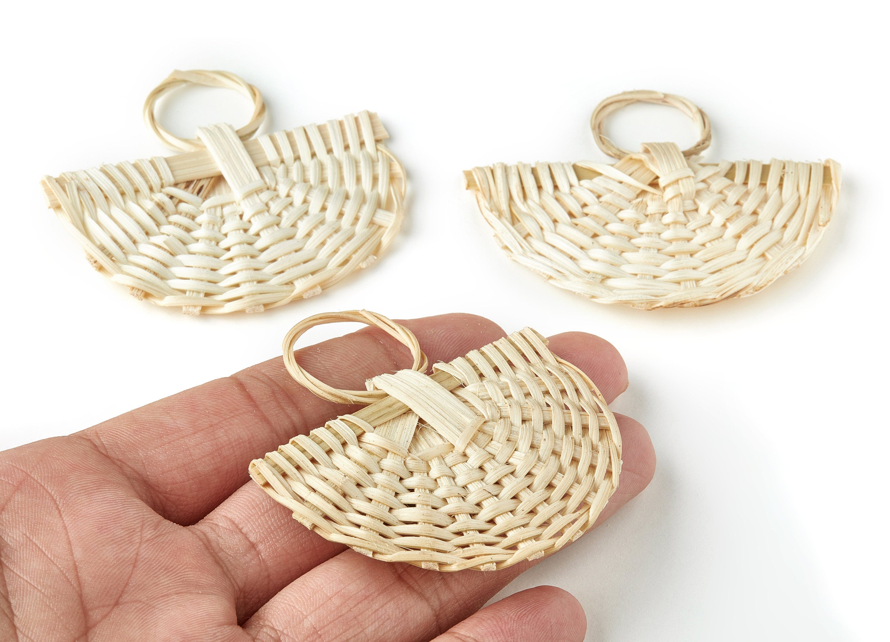 Handwoven Rattan Fan Charms - Fan Rattan Earrings and Pendant - Wooden Straw Earrings - Jewelry Handmade - 69.58x60.08x5.63mm - RT1244 - DOMEDBAZAAR