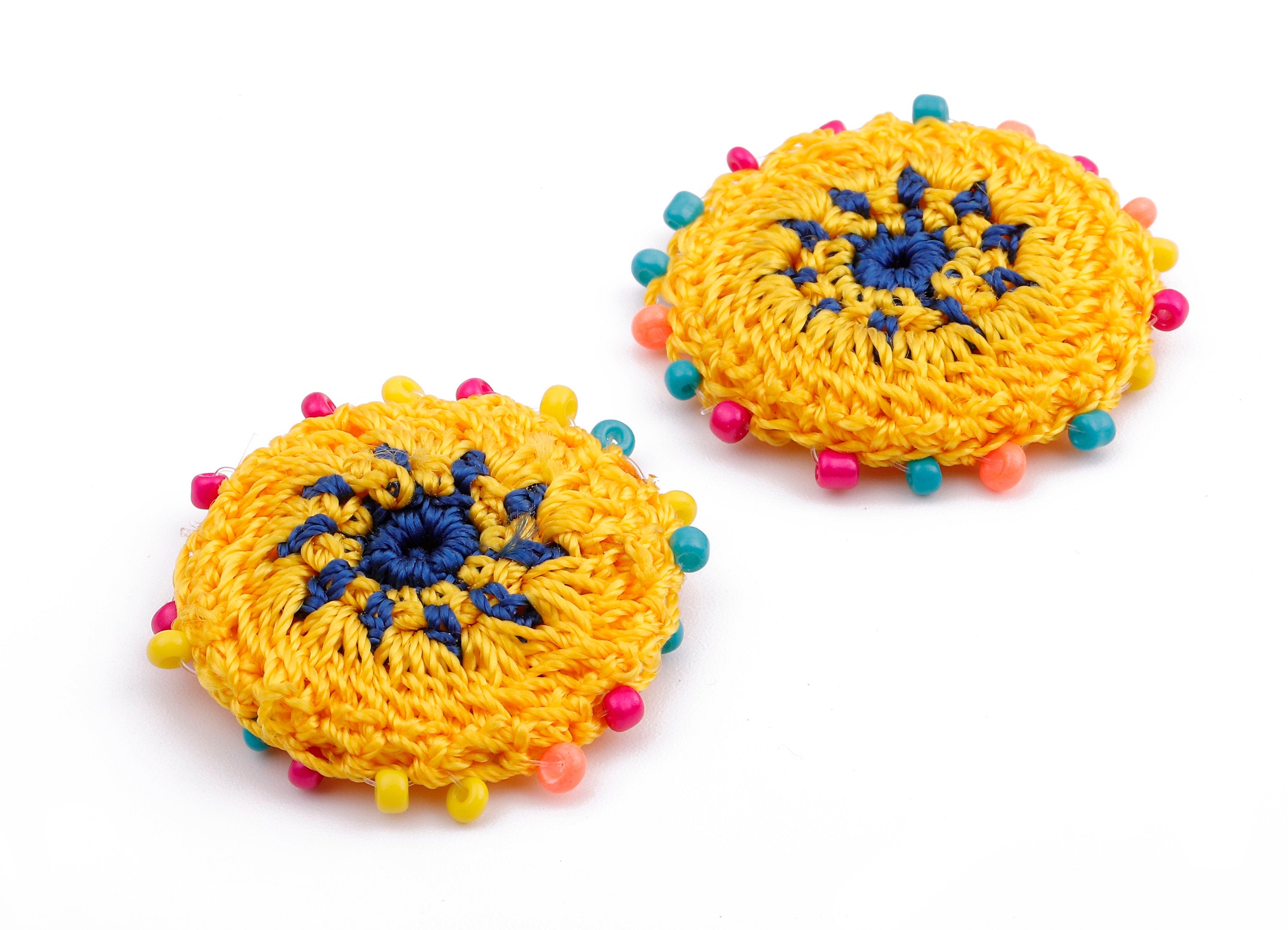 Crochet Round Earrings - Crochet Earrings with Beads - Knit weaving Earrings - Handmade Flower Earrings - 37.12x37.12x3.93mm - TS1072 - DOMEDBAZAAR