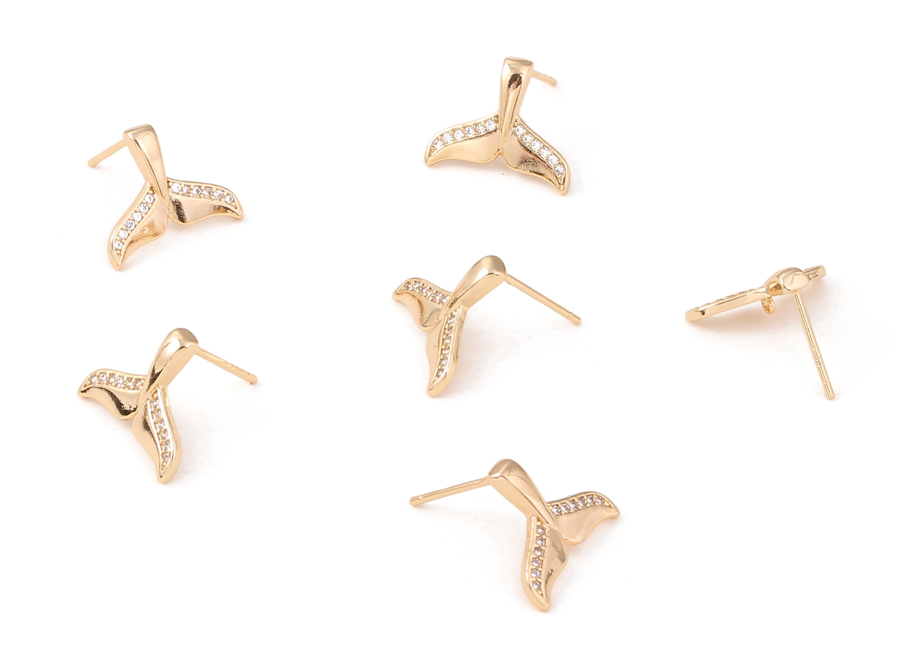Brass Fishtail Earing Post - Zircon Fishtail Earring Stud - 18K Real Gold Plated Brass Stud - Jewelry Supplies - 14.73x12.31x1.3mm - RGP1065 - DOMEDBAZAAR