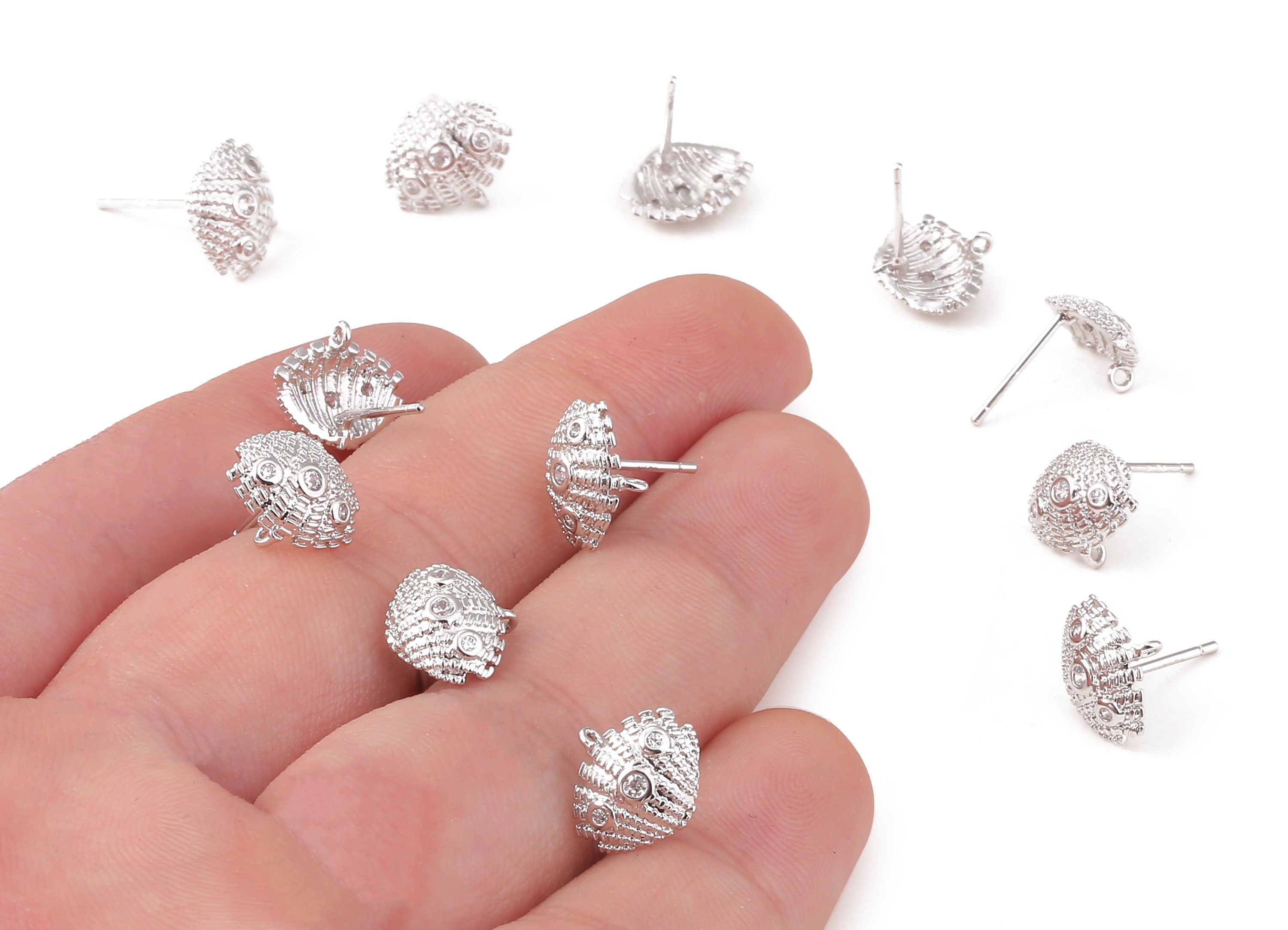Brass Mussel Shell Charms - Brass Mussel Shell Earring Post - 18K Real White Gold Plated Brass - 11.58x9.93x1.56mm - RGP1073 - DOMEDBAZAAR