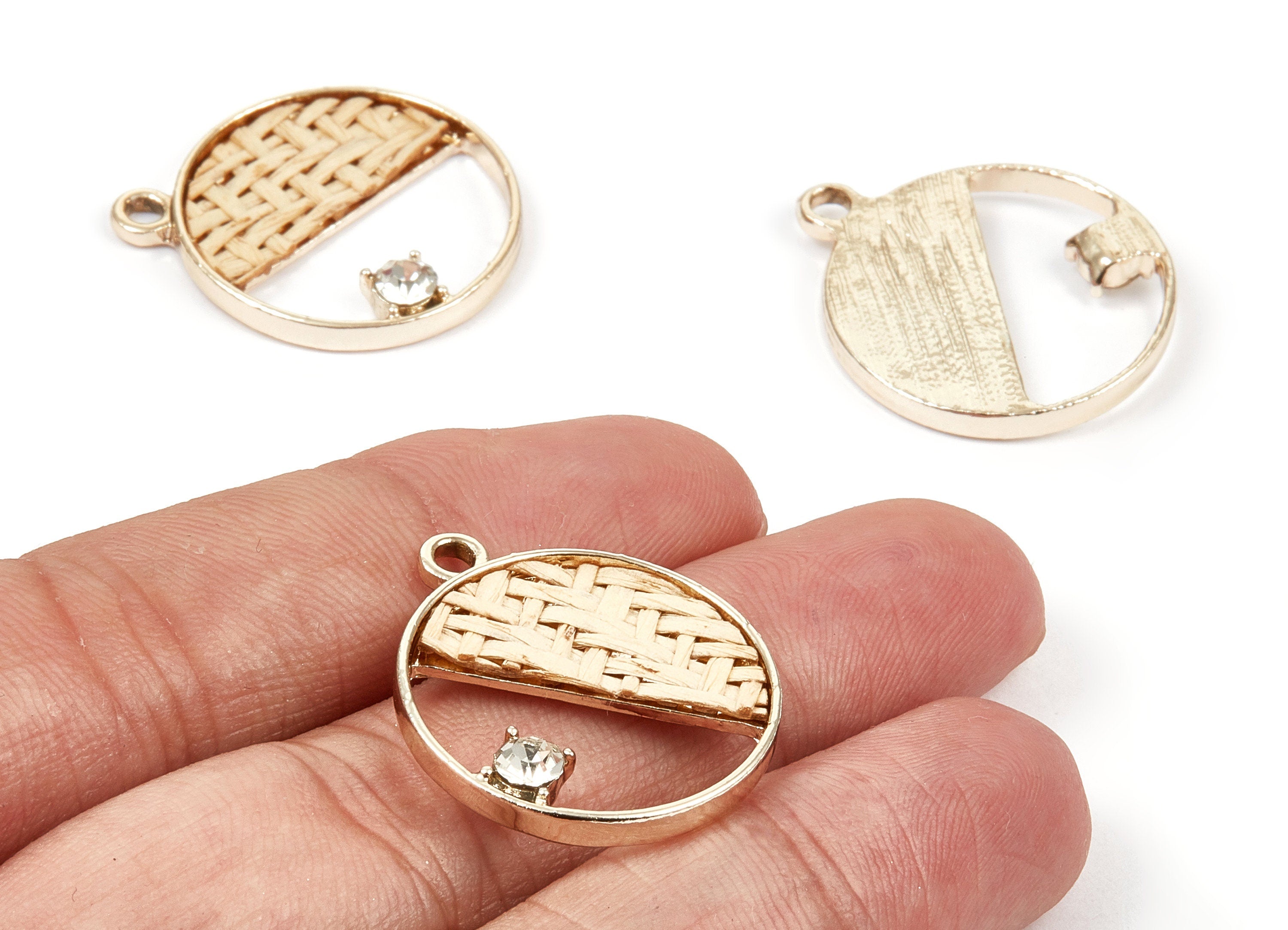 Handwoven Circle Rattan Charm - Alloy Circle Earrings and Pendant - Handwoven Alloy Earring - Gold Tone Plated - 27.49x23.48x2.25mm - RT1276 - DOMEDBAZAAR