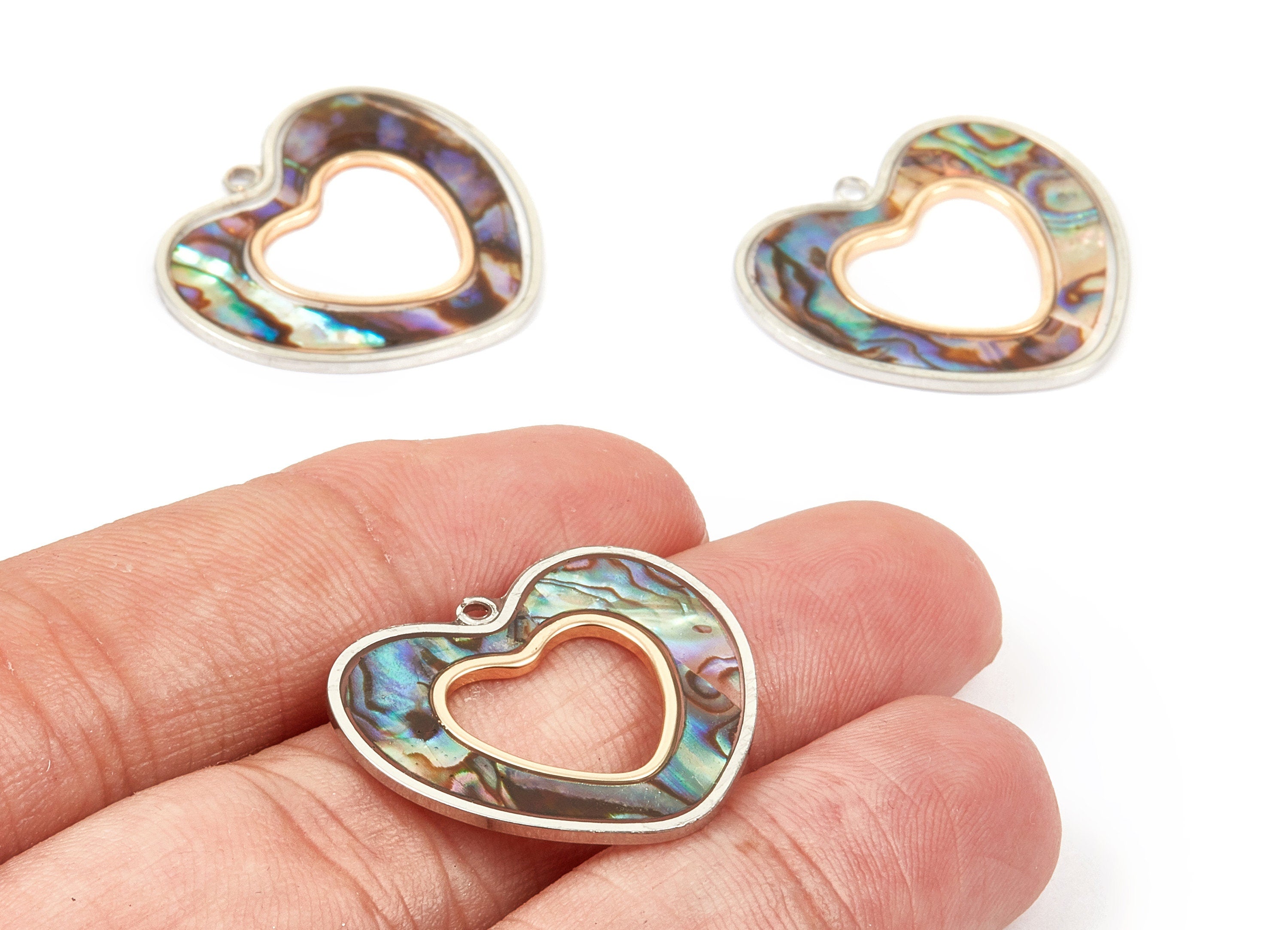 Abalone Shell Heart Charms - Natural Abalone Shell Heart Earrings - Abalone Shell Necklace Pendant - 1 Hole - 26.2x23.75x0.99mm - SF1106 - DOMEDBAZAAR