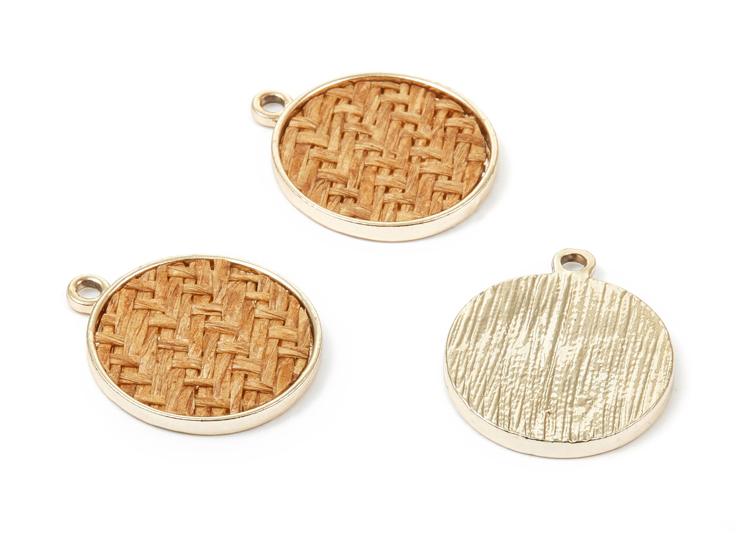 Handwoven Round Rattan Charms - Alloy Round Earrings and Pendant - HandWoven Alloy Earrings - Gold Tone Plated - 27.49x23.48x2.25mm - RT1280 - DOMEDBAZAAR