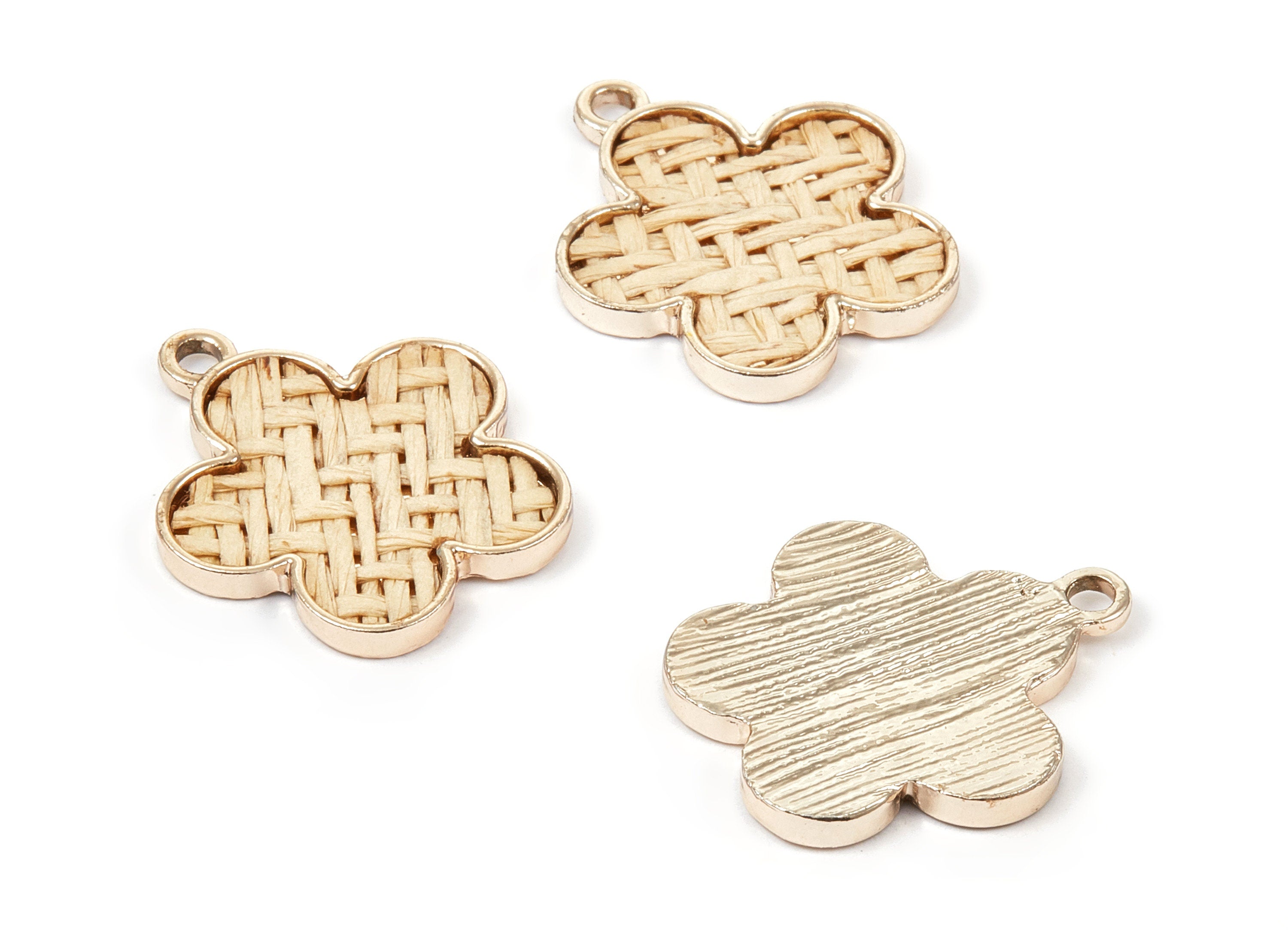 Handwoven Flower Rattan Charm - Alloy Flower Earring and Pendant - Handwoven Alloy Earrings - Gold Tone Plated - 26.76x22.94x2.45mm - RT1292 - DOMEDBAZAAR
