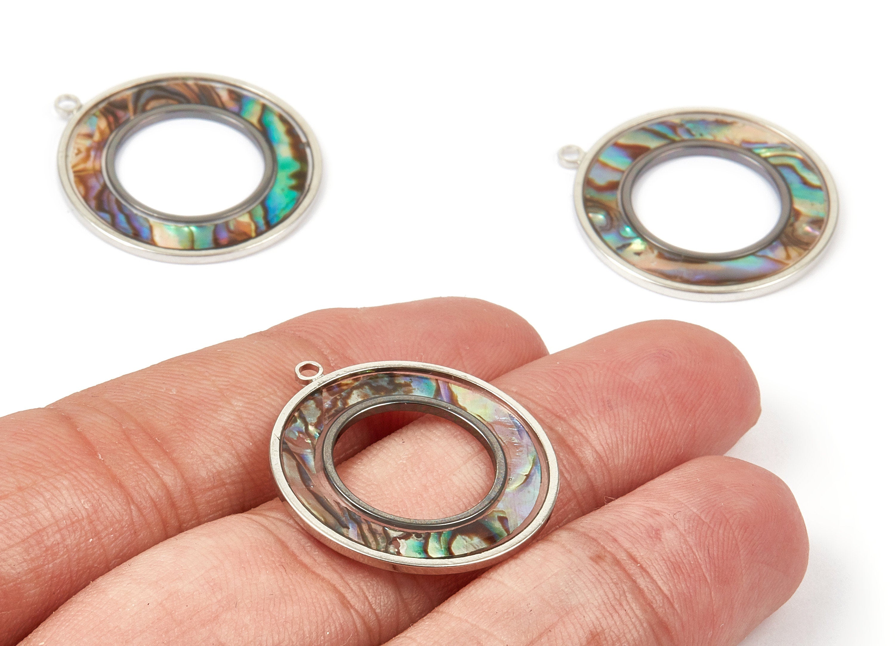 Abalone Shell Circle Charms - Natural Abalone Shell Circle Earrings - Abalone Shell Necklace Pendant - 1 Hole - 27.63x25.18x1.26mm - SF1109 - DOMEDBAZAAR