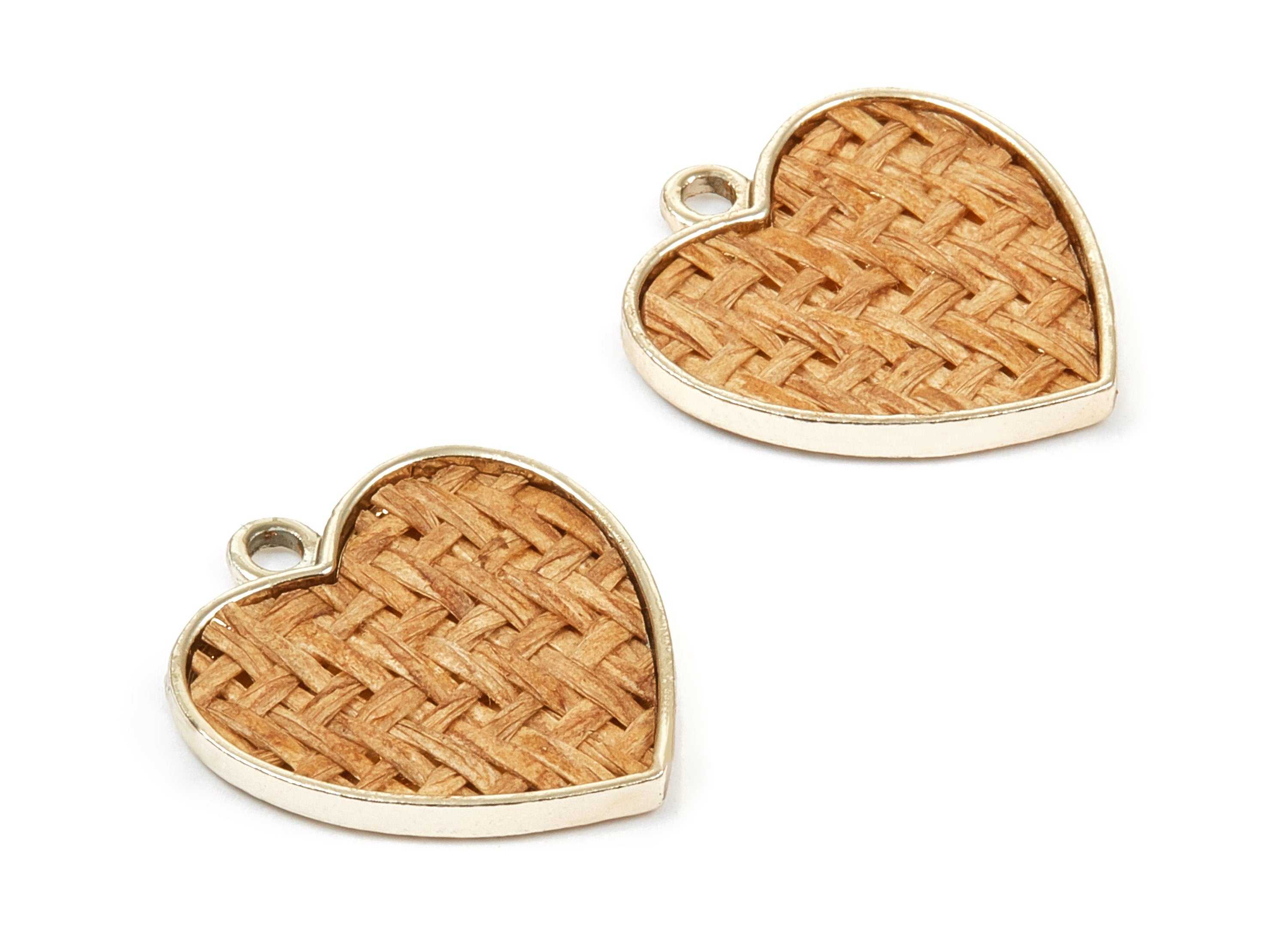 Handwoven Heart Rattan Charms - Alloy Heart Earrings and Pendant - Handwoven Alloy Earrings - Gold Tone Plated - 24.58x23.43x2.11mm - RT1274 - DOMEDBAZAAR