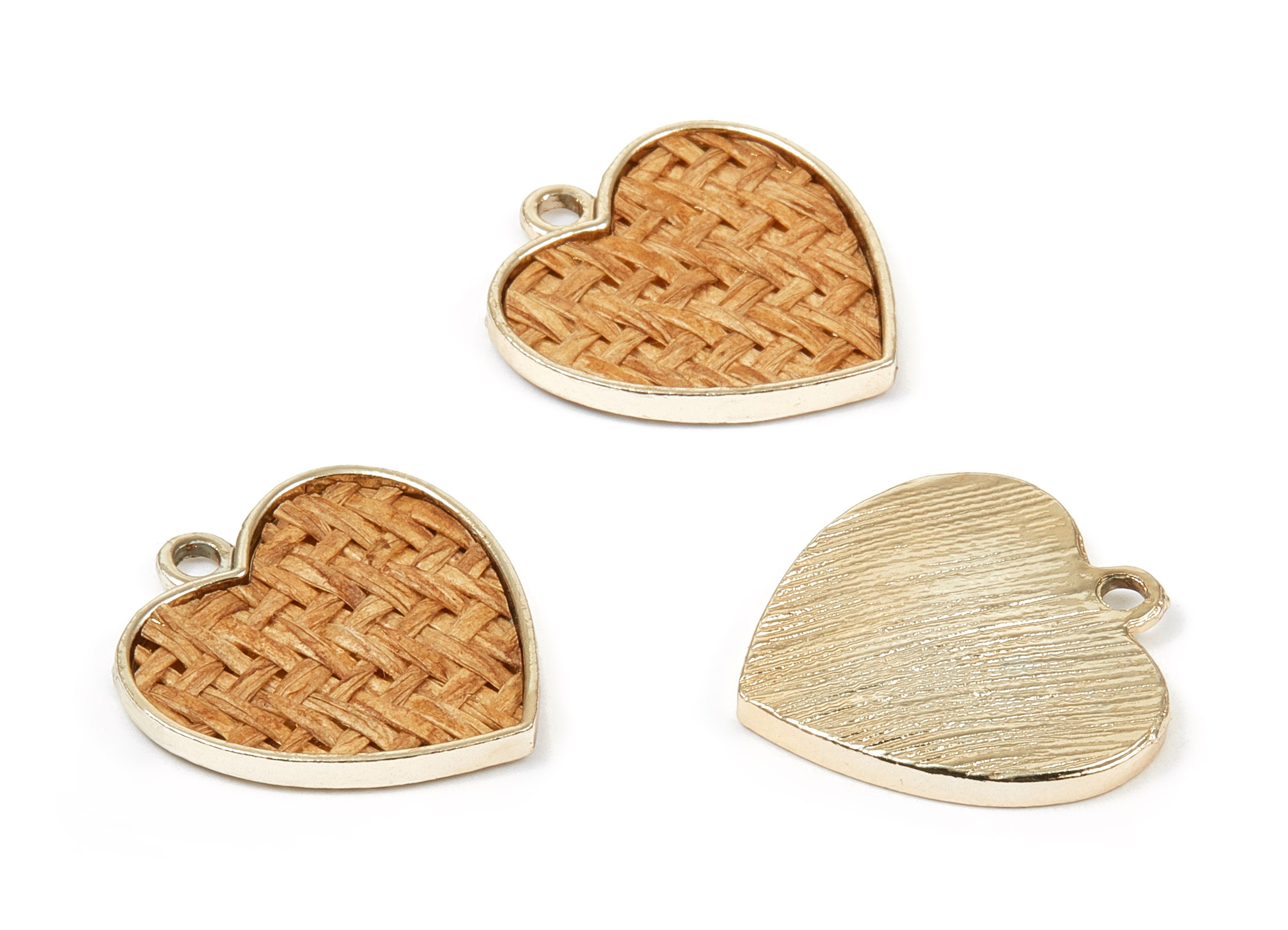 Handwoven Heart Rattan Charms - Alloy Heart Earrings and Pendant - Handwoven Alloy Earrings - Gold Tone Plated - 24.58x23.43x2.11mm - RT1274 - DOMEDBAZAAR