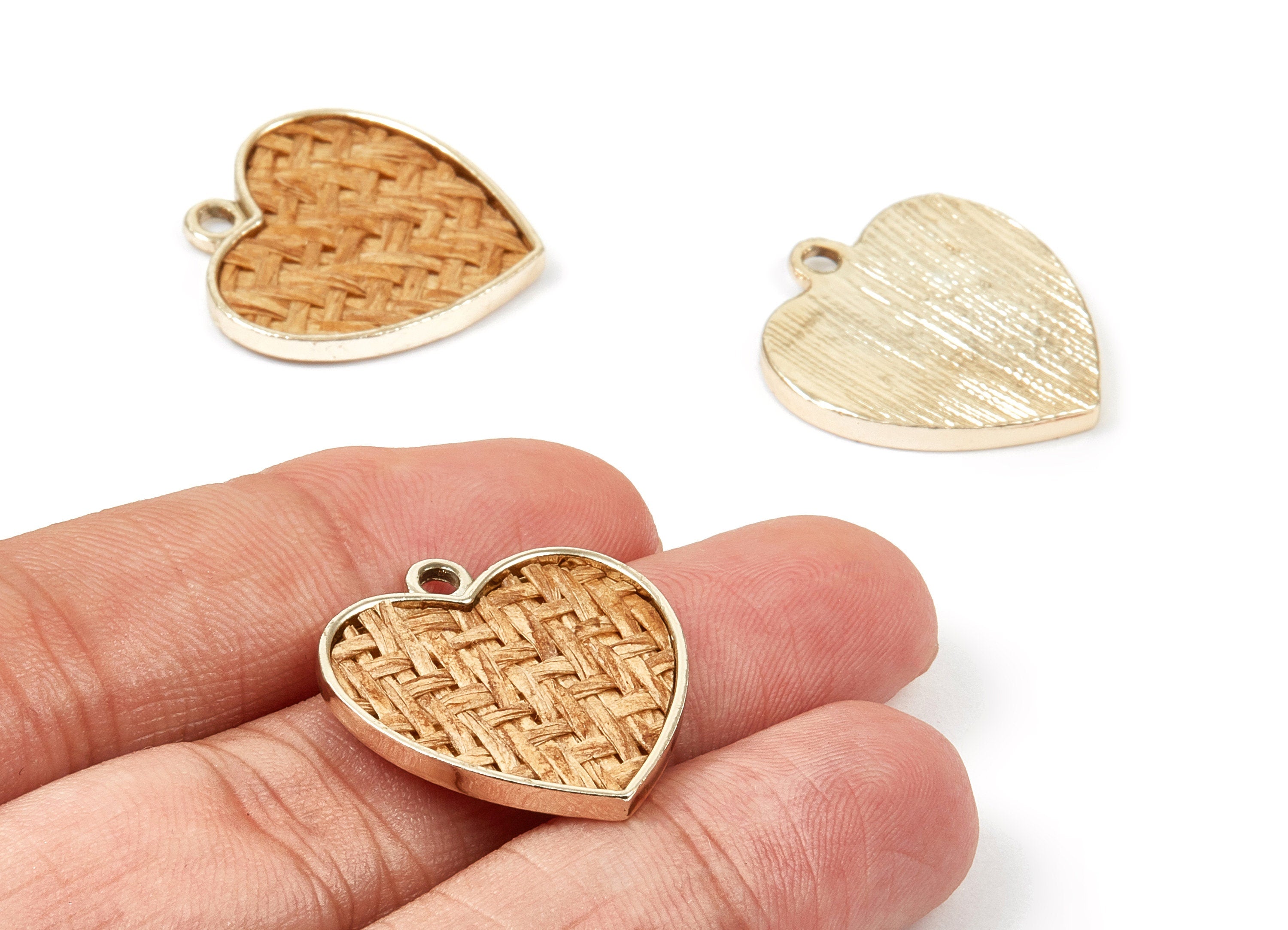 Handwoven Heart Rattan Charms - Alloy Heart Earrings and Pendant - Handwoven Alloy Earrings - Gold Tone Plated - 24.58x23.43x2.11mm - RT1274 - DOMEDBAZAAR