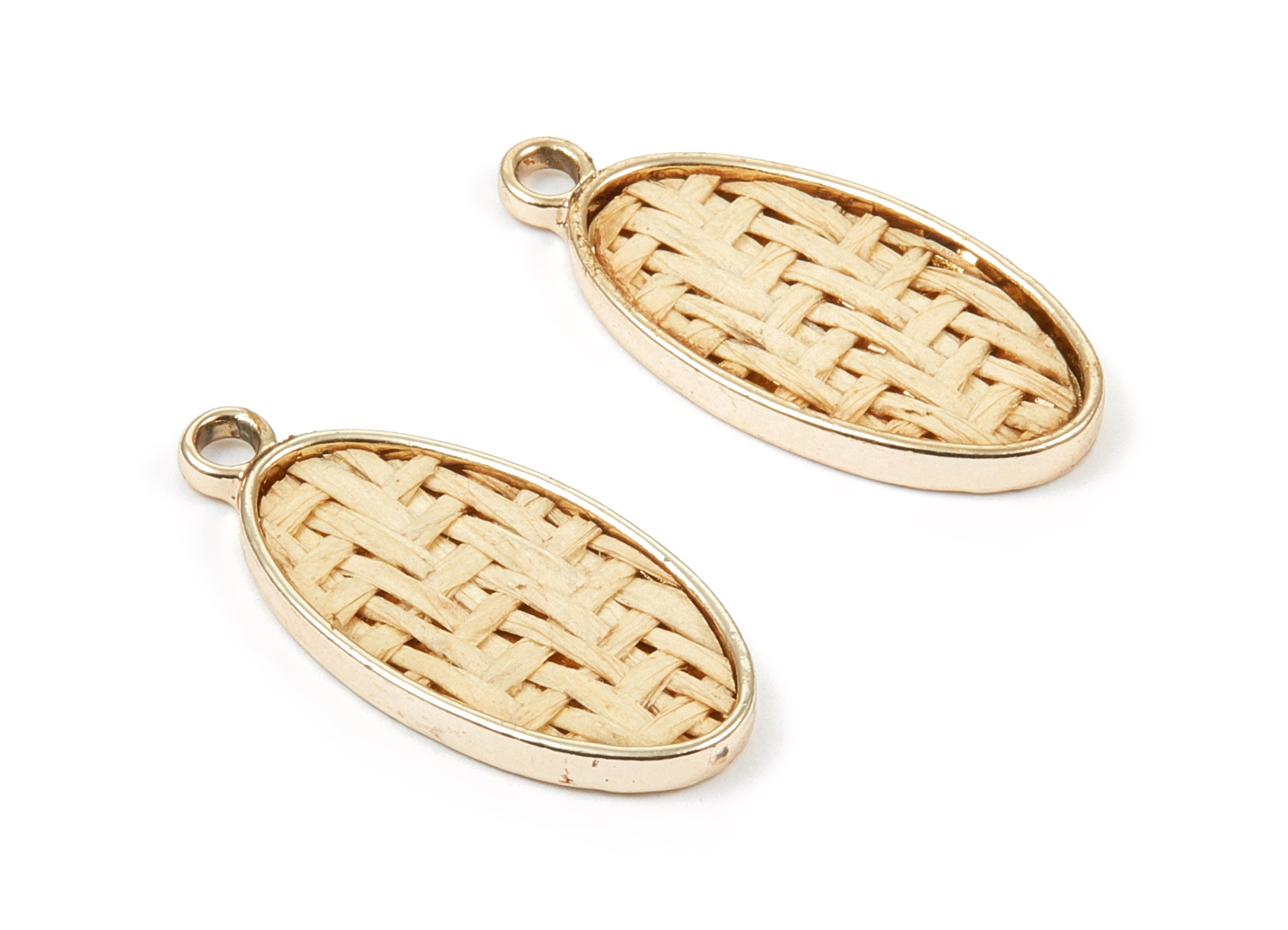 Handwoven Oval Rattan Charms - Alloy Oval Earrings and Pendant - Handwoven Alloy Earrings - Gold Tone Plated - 30.24x14.34x2.47mm - RT1266 - DOMEDBAZAAR