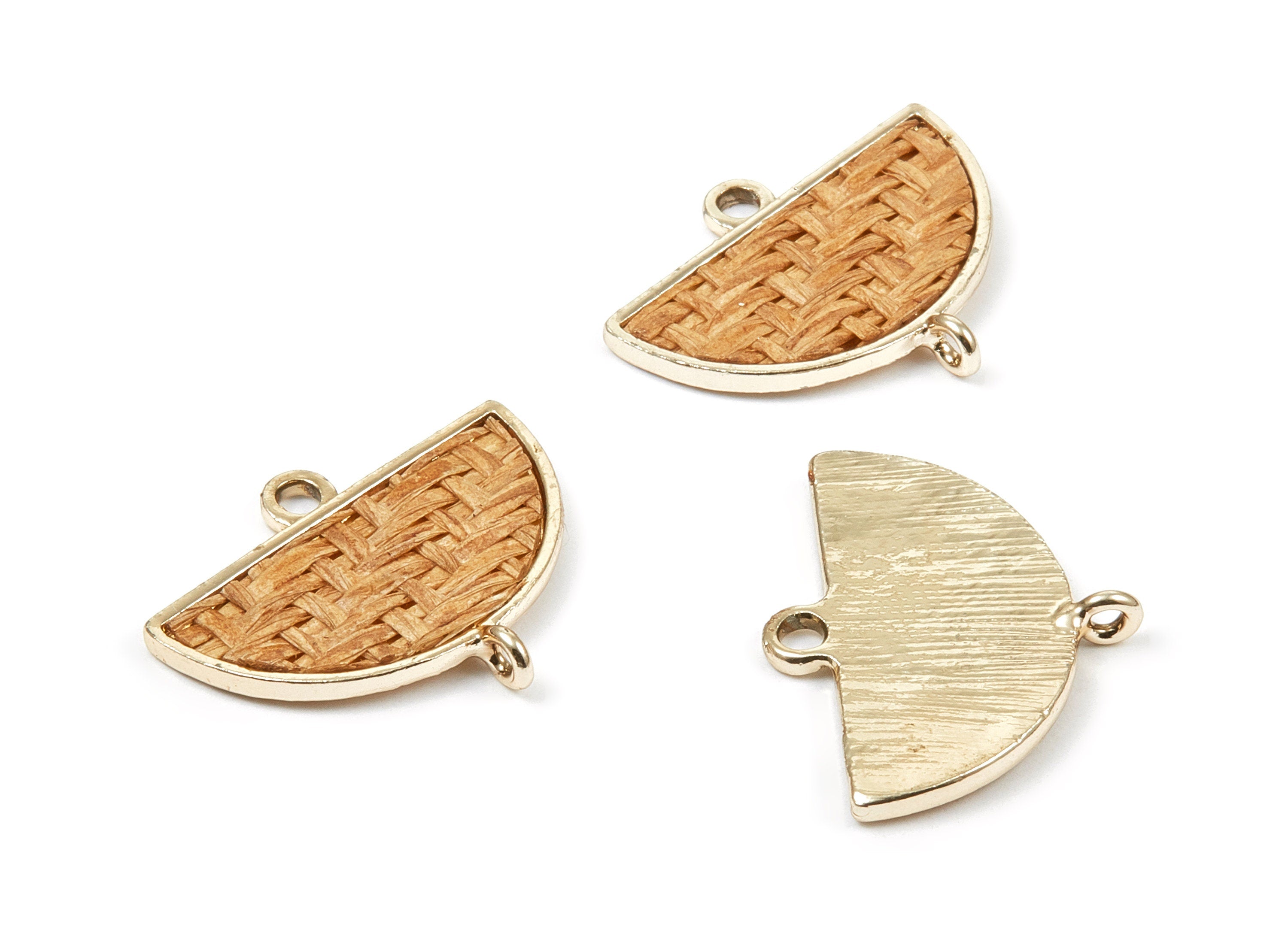 Handwoven Semicircle Rattan Charms - Alloy Semicircle Earrings and Pendant - Gold Tone Plated - 28.26x22.54x1.8mm - RT1282 - DOMEDBAZAAR