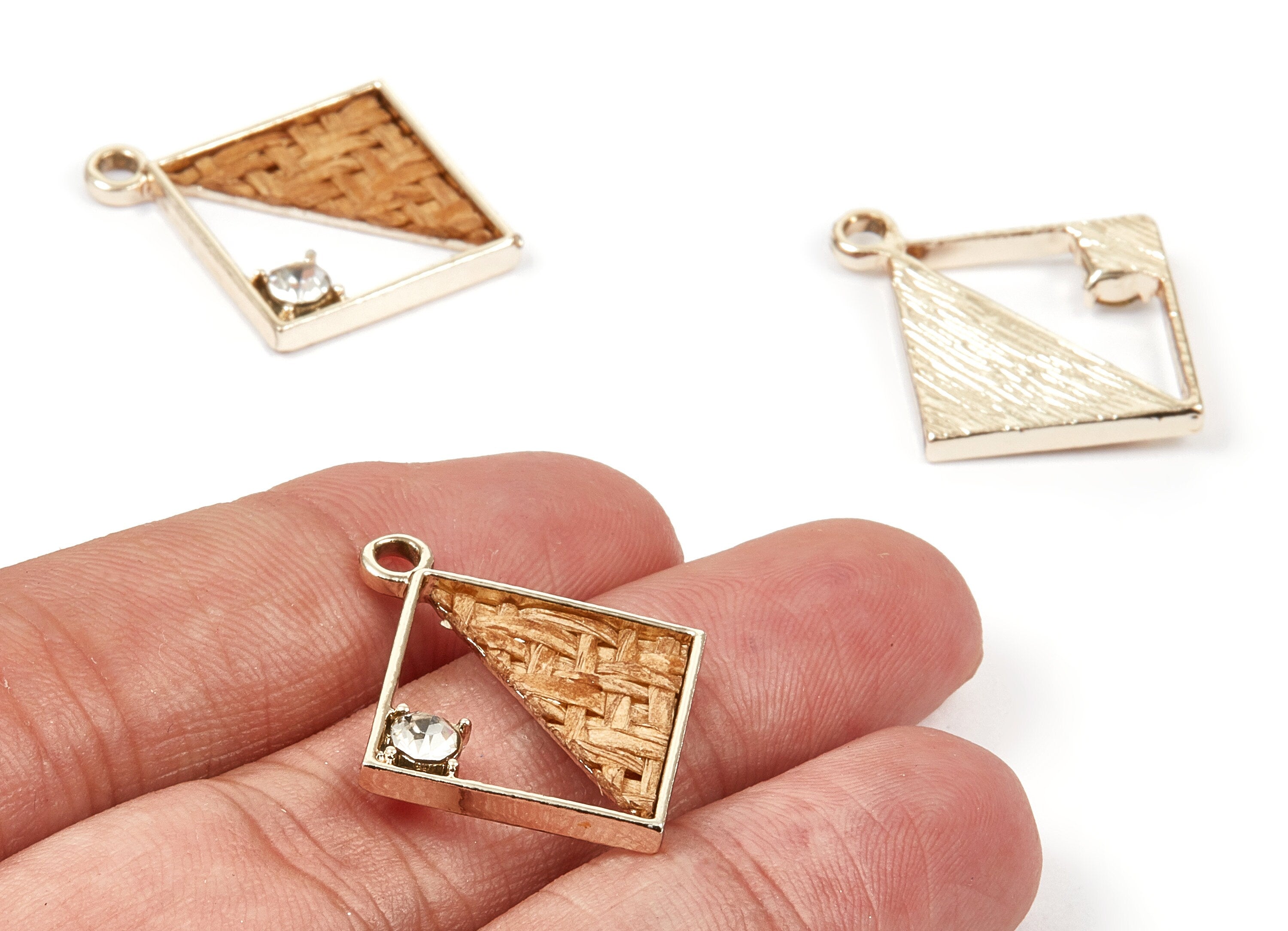 Handwoven Square Rattan Charm - Alloy Square Earrings and Pendant - Handwoven Alloy Earring - Gold Tone Plated - 29096x25.43x2.32mm - RT1289 - DOMEDBAZAAR