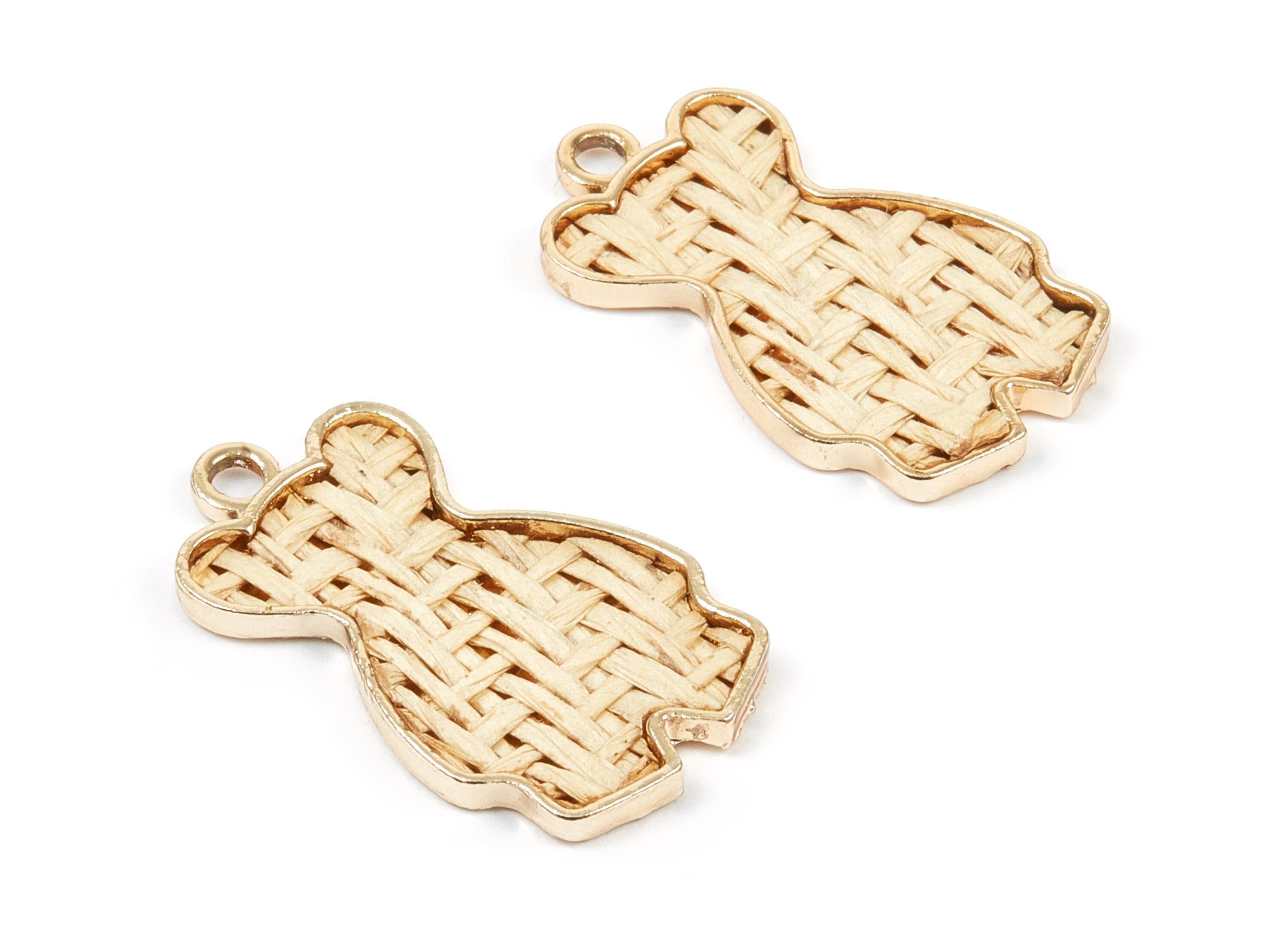 Handwoven Bear Rattan Charms - Alloy Bear Earrings and Pendant - Handwoven Alloy Earrings - Gold Tone Plated - 30.56x18.24x2.52mm - RT1270 - DOMEDBAZAAR