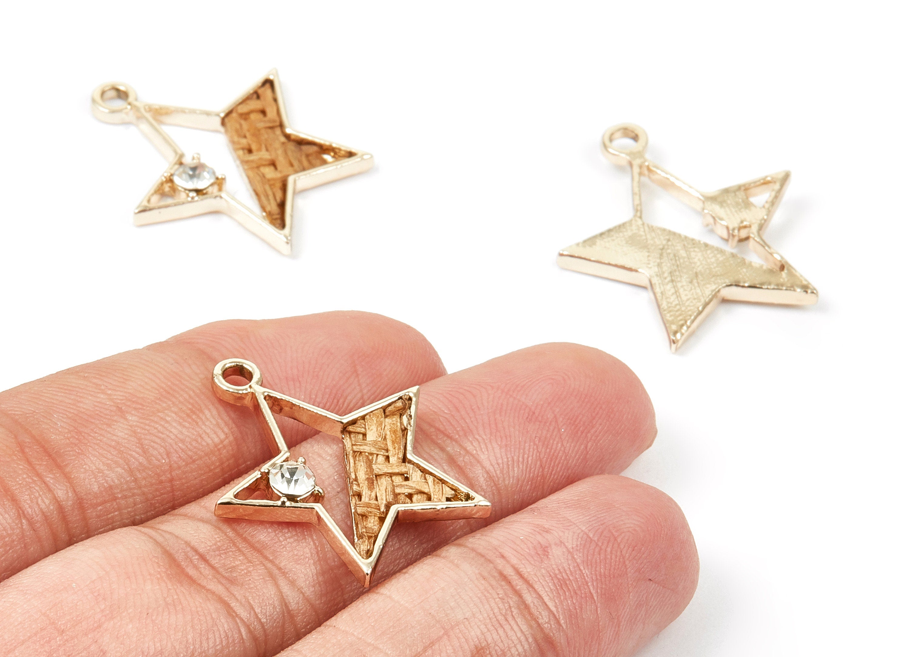 Handwoven Star Rattan Charms - Alloy Star Earrings and Pendant - Handwoven Alloy Earrings - Gold Tone Plated - 27.2x24.4x2.33mm - RT1260 - DOMEDBAZAAR