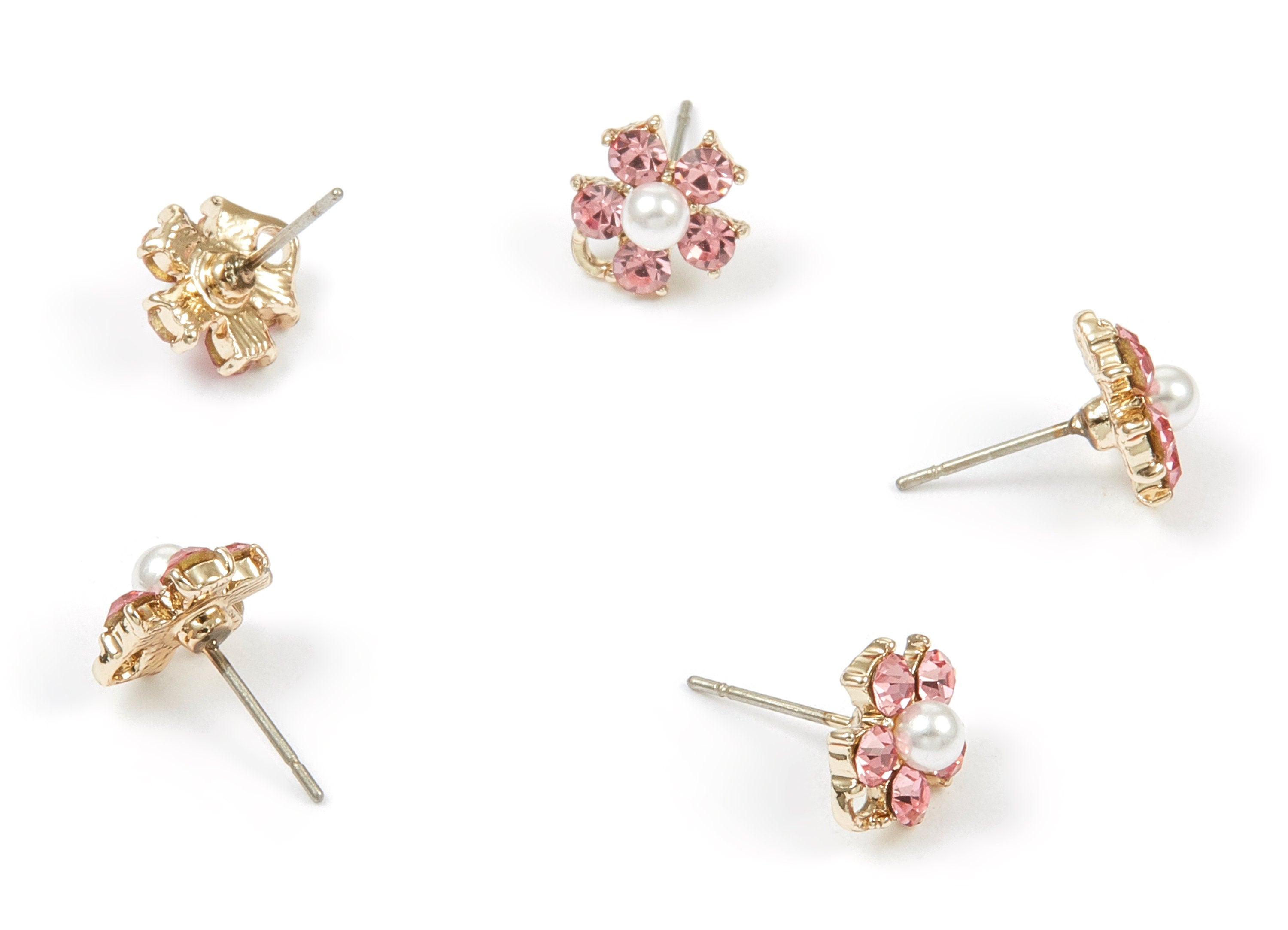 Zinc Alloy Flower Earring Stud - Pearl Earring Post with Glass Beads - Crystal Earring Stud - Gold Tone Plated - 10.6x9.4x2.5mm - ZZ1360 - DOMEDBAZAAR
