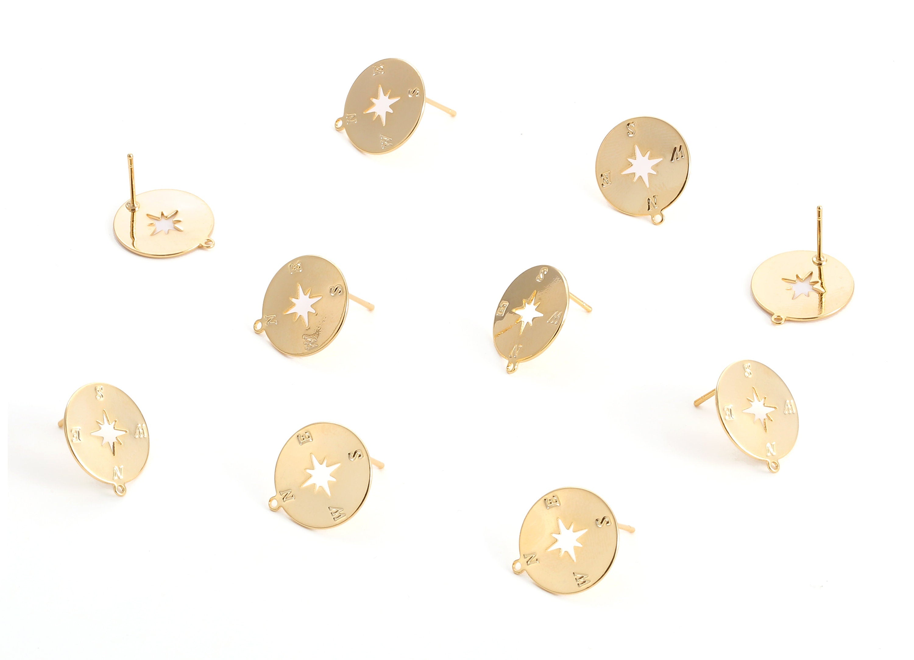 Brass Compass Earring Post - Brass Compass Earring Stud - 18K Real Gold Plated Brass - Jewelry Supplies - 16.74x15.19x0.66mm - RGP1088 - DOMEDBAZAAR