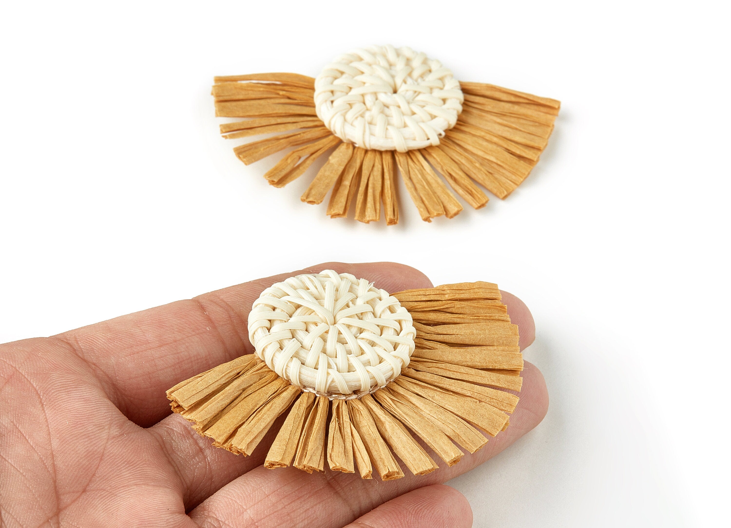 Handwoven Rattan with Raffia Tassels Charms - Round Earrings and Pendant With Fan Tassels - Woven Earrings - 46.2x60x6mm - RT1153 - DOMEDBAZAAR