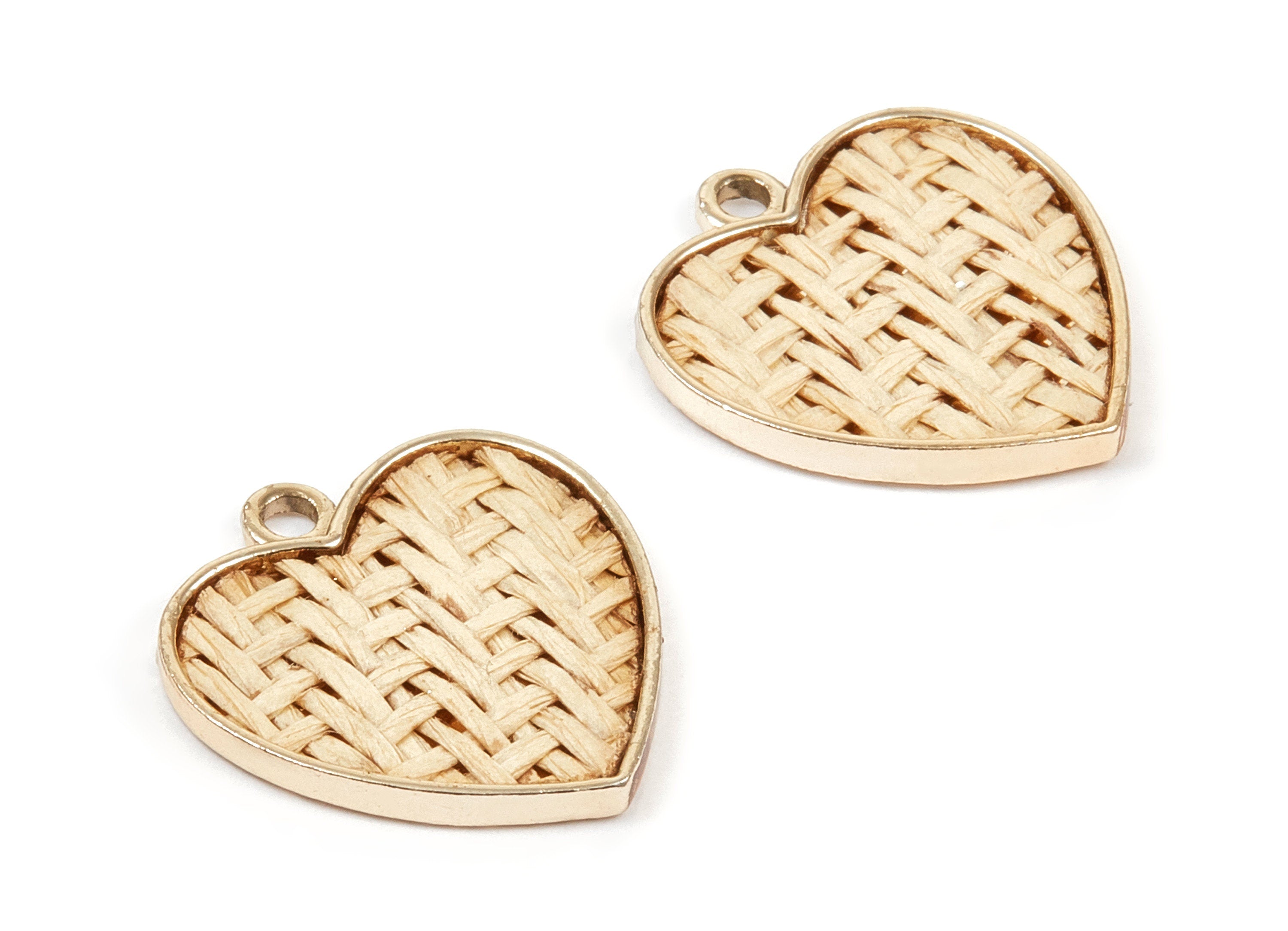 Handwoven Heart Rattan Charms - Alloy Heart Earrings and Pendant - Handwoven Alloy Earrings - Gold Tone Plated - 24.58x23.43x2.11mm - RT1273 - DOMEDBAZAAR