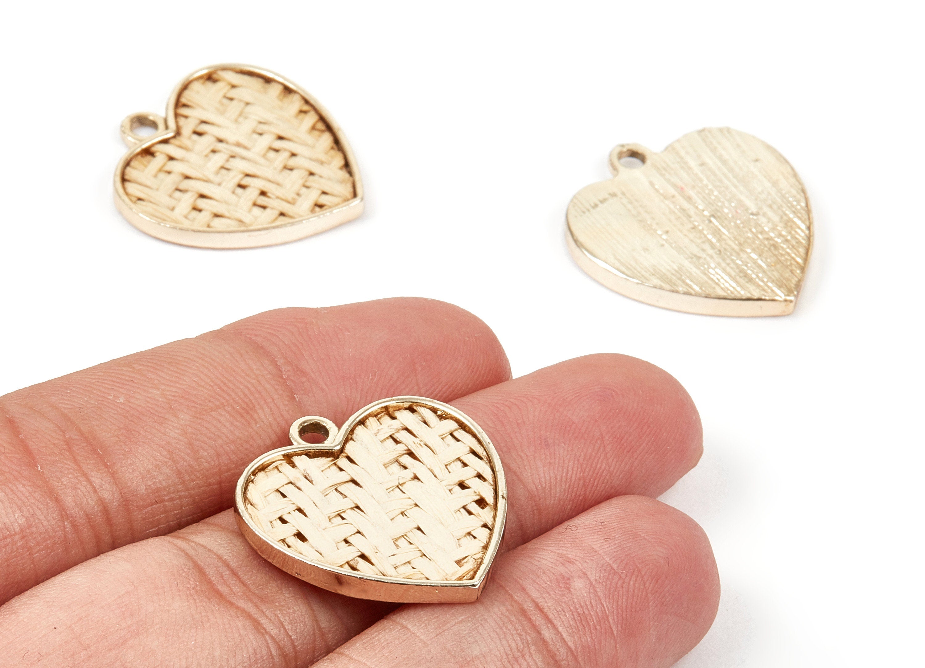 Handwoven Heart Rattan Charms - Alloy Heart Earrings and Pendant - Handwoven Alloy Earrings - Gold Tone Plated - 24.58x23.43x2.11mm - RT1273 - DOMEDBAZAAR