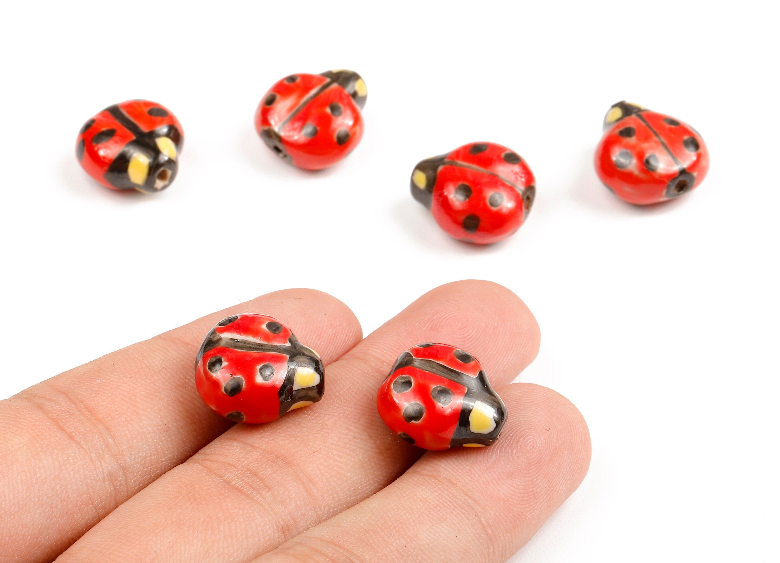 Glazed Ceramic Ladybug Beads - Carved Ladybug Beads - Handmade Beads - Necklace Beads - Connectors Beads - 15.76x14.68x8.66mm - NS1055 - DOMEDBAZAAR