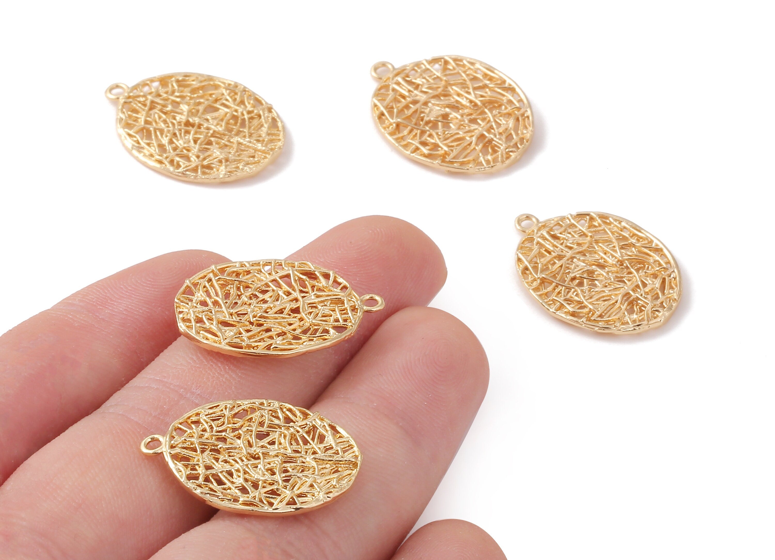 Brass Oval Earring Charms - Brass Oval Earring Pendant - 18K Real Gold Plated Brass - Jewelry Supplies - 24.66x17.94x1.31mm - RGP1145 - DOMEDBAZAAR