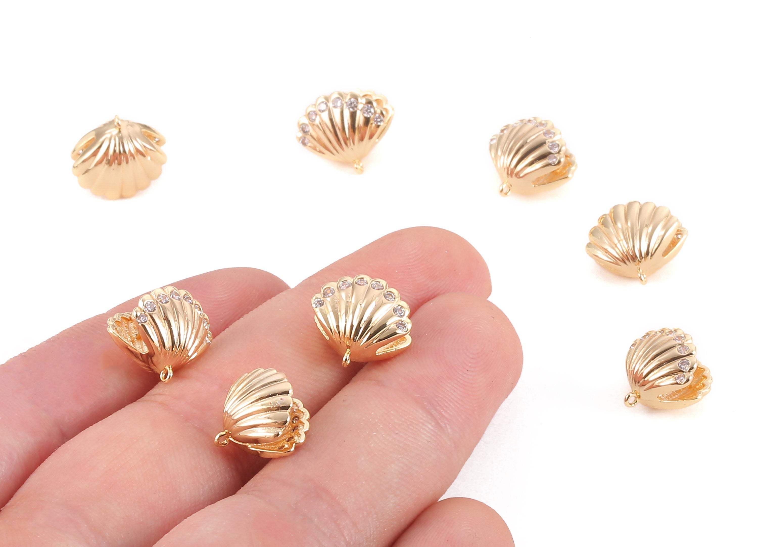 Brass Mussel Shell Earring Charms - Zircon Mussel Shell Earring Pendant - 18K Real Gold Plated Brass - 12.4x11.34x1.3mm - RGP1189 - DOMEDBAZAAR